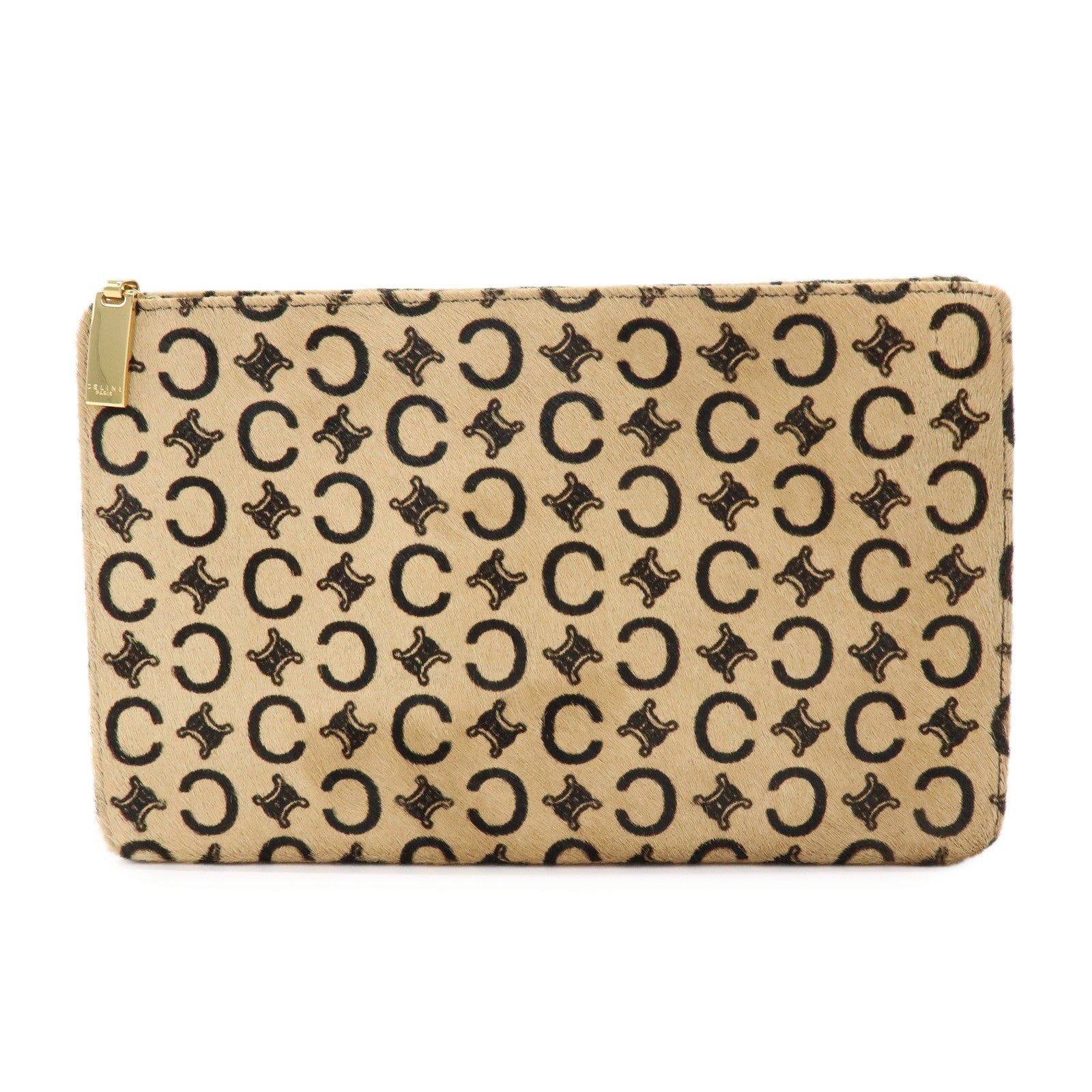 CELINE C Macadam Pony Hair Leather Clutch Bag Pouch Beige Brown