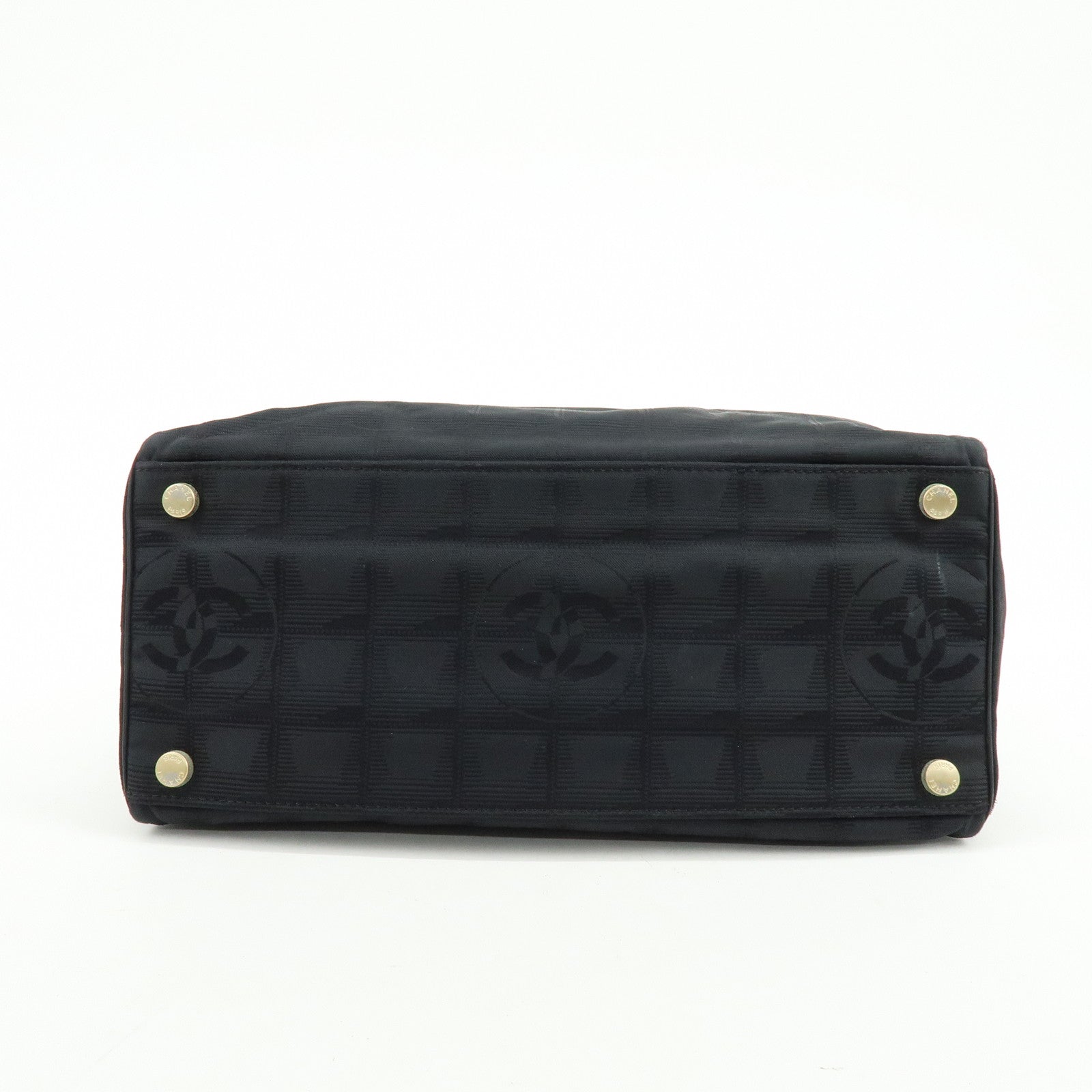 CHANEL New Travel Line Nylon Jacquard Leather Hand Bag Black