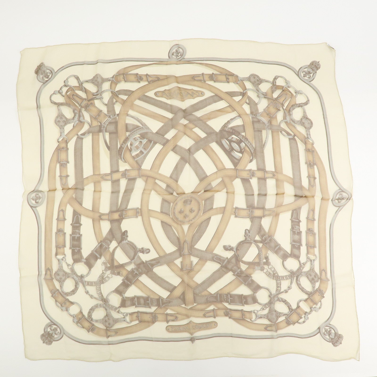 HERMES Carre 90 Silk 100% Scarf CAVALCADOUR Ivory Brown