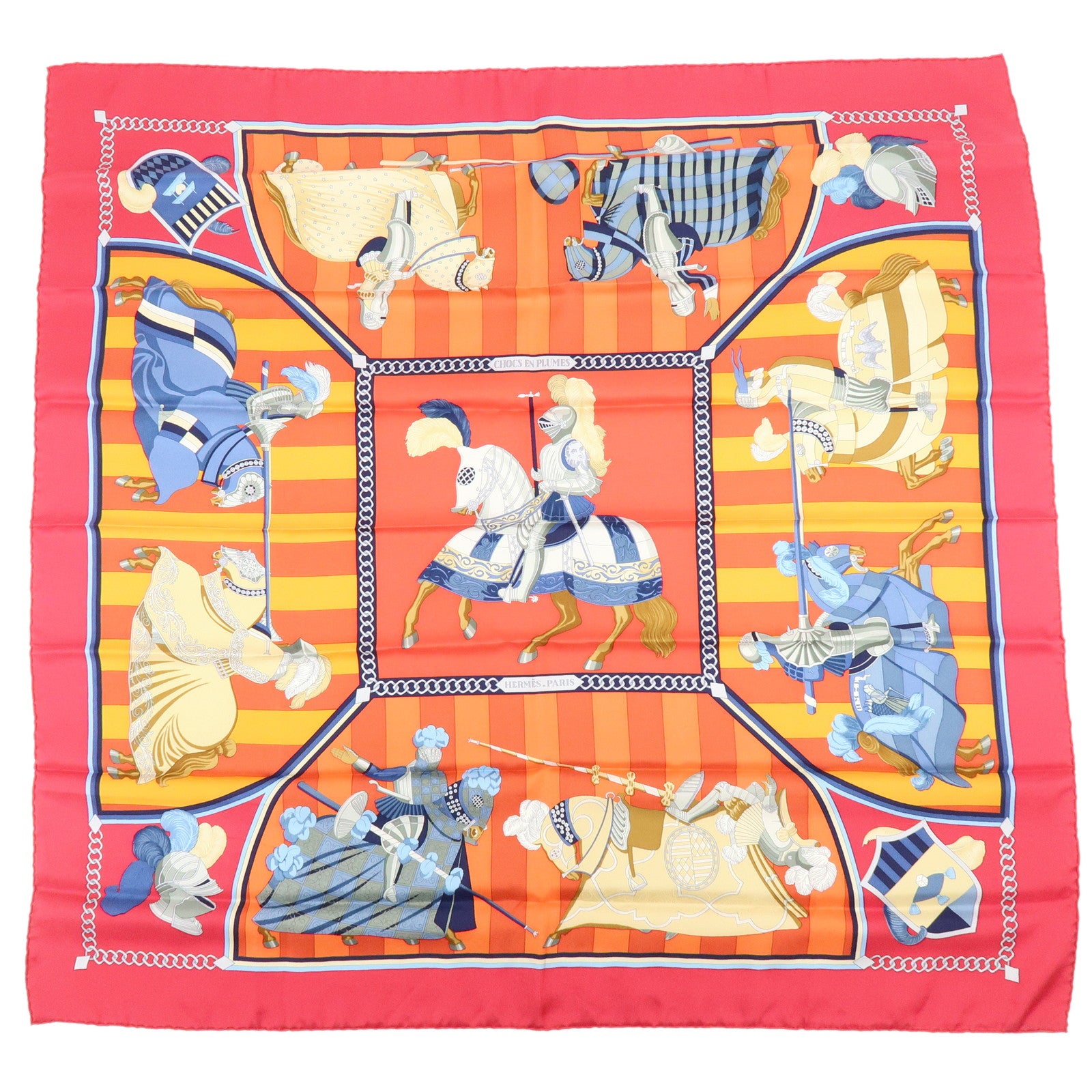 HERMES Carre 90 Silk 100% Scarf CHOCS EN PLUMES Red Orange