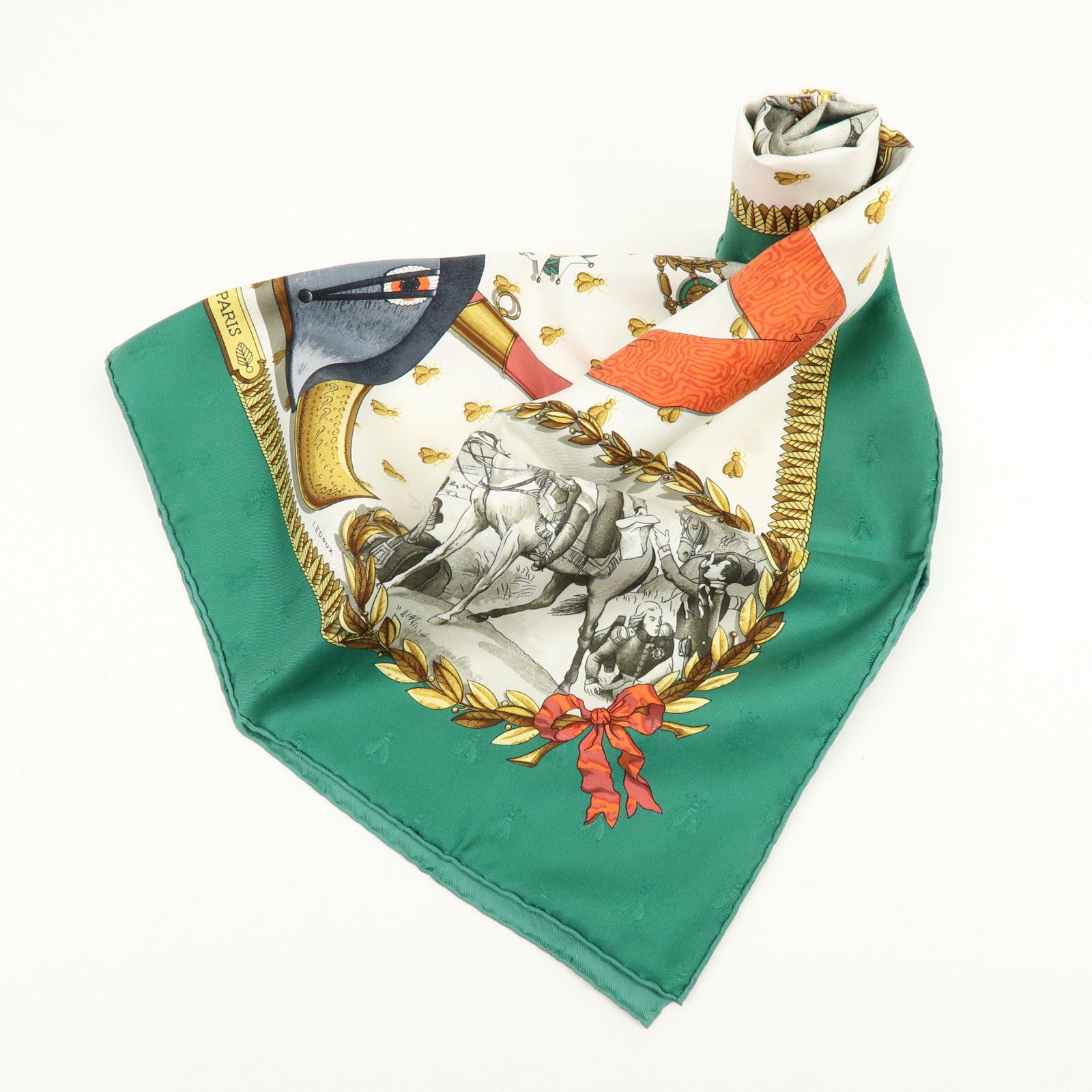 HERMES Carre 90 Silk 100% Scarf NAPOLEON Green White