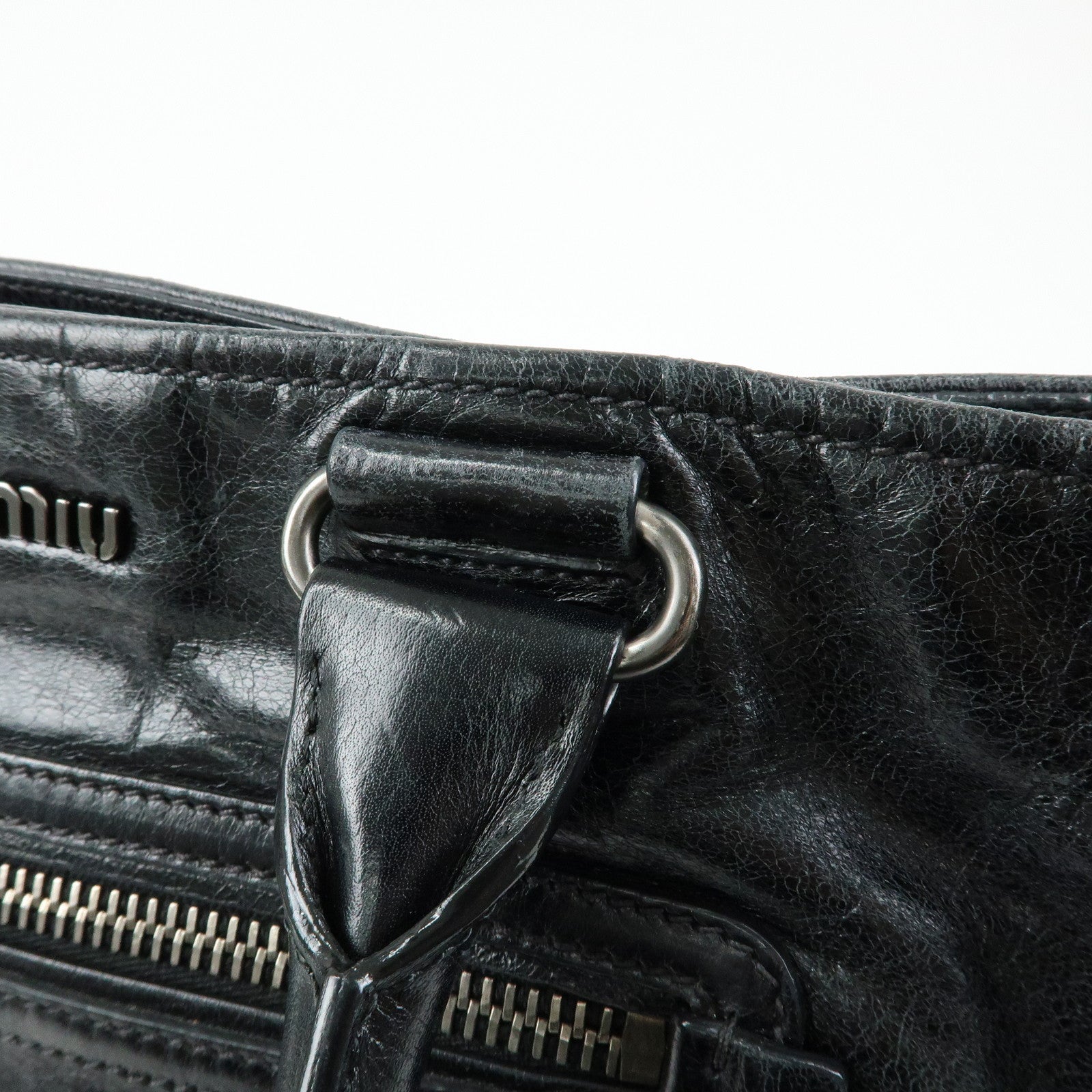 MIU MIU Leather Tote Bag Shoulder Bag Black Padlock Charm