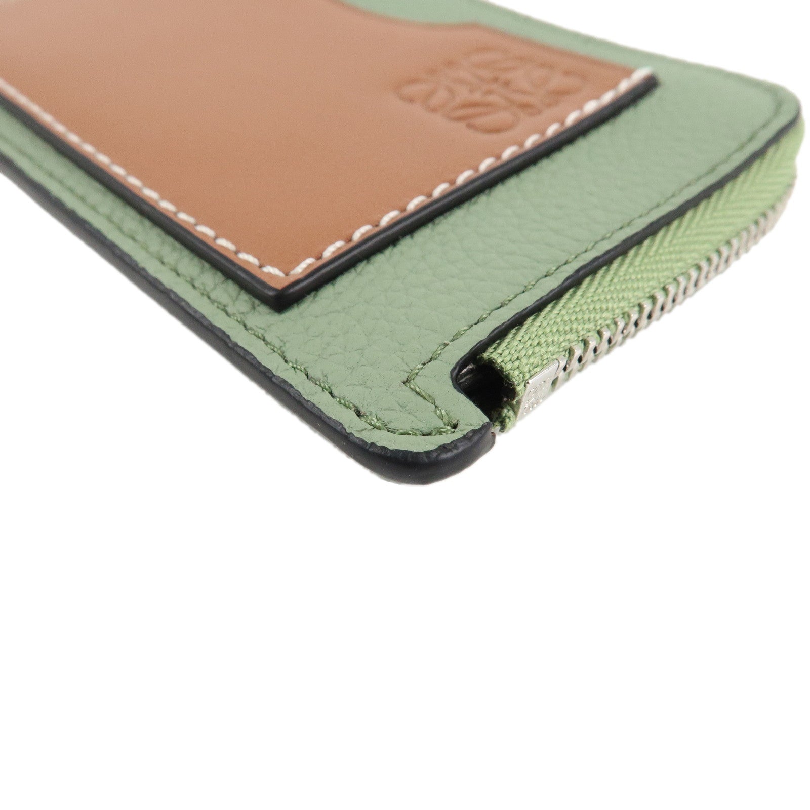 LOEWE Fragment Soft Grained Calf Coin Case Card Case Light Green Brown Used