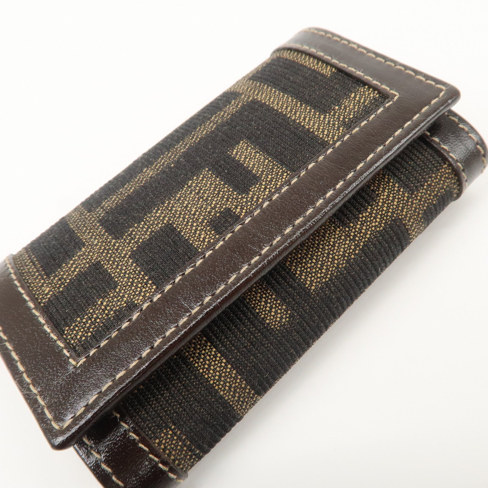 FENDI Zucca Canvas Leather 6 Ring Key Case Brown Black 10163