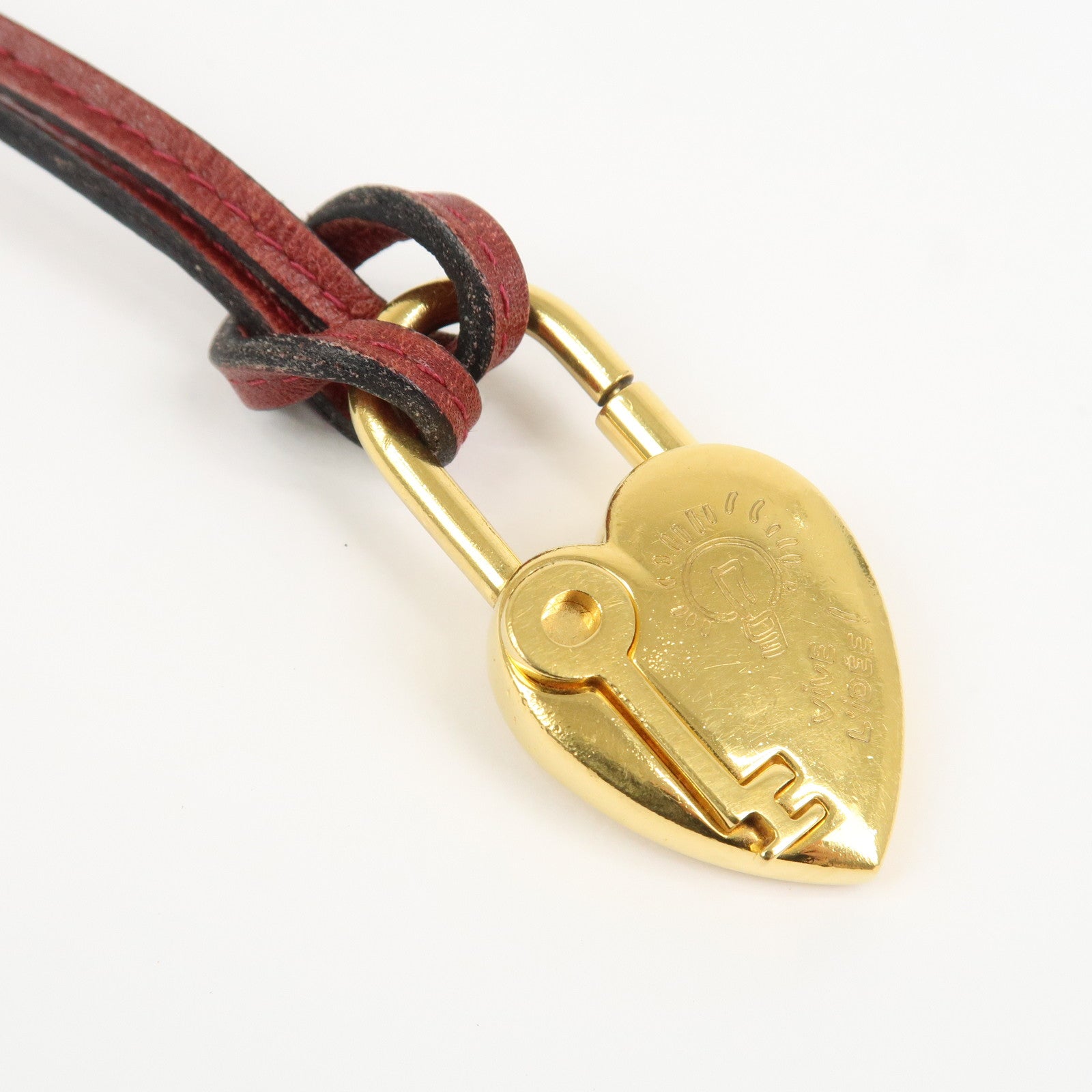 HERMES Vivaldi Heart Cadena Necklace Metal Leather Gold Red