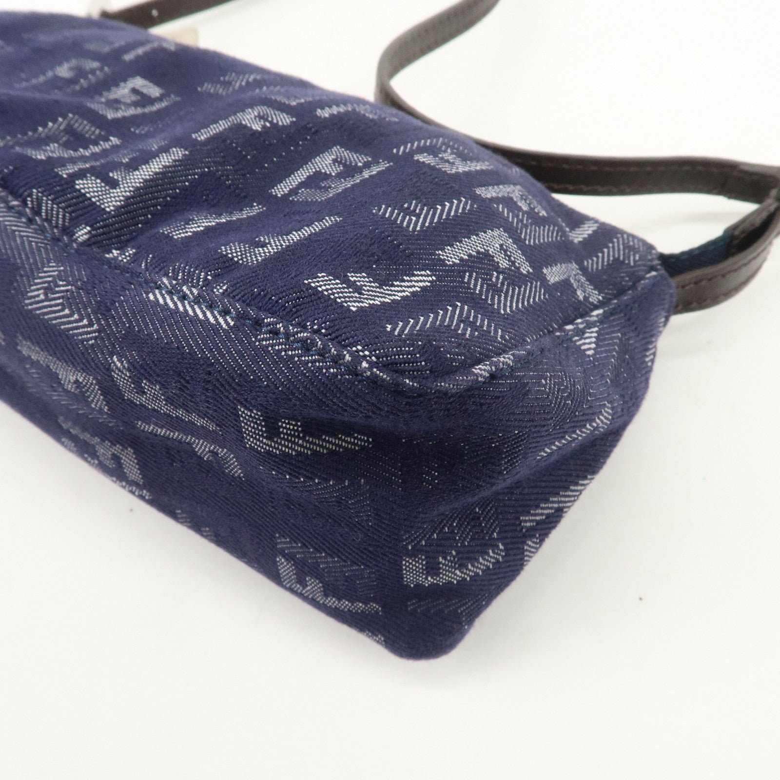 FENDI Zucchino Canvas Leather Shoulder Bag Pouch Navy 8BR249 Used