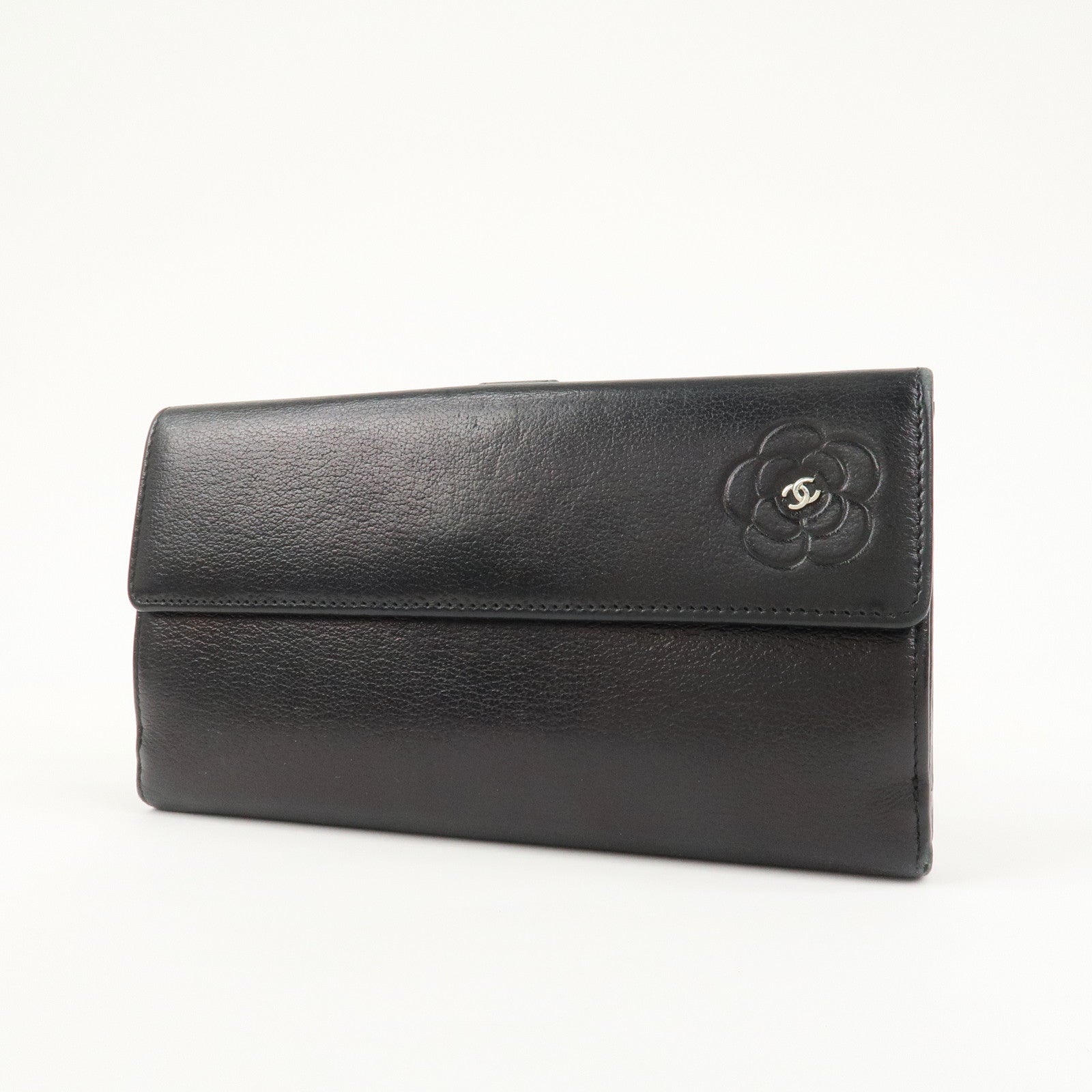 CHANEL Camellia COCO Mark Leather Bi-fold Long Wallet Black