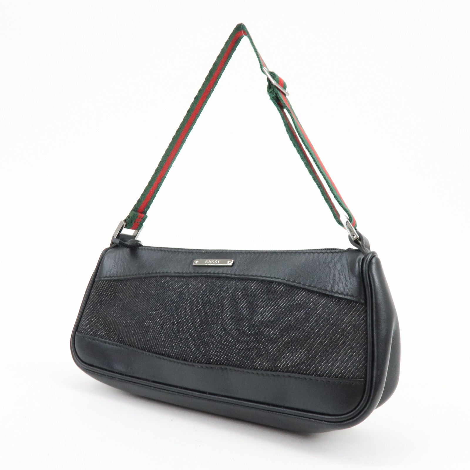GUCCI Sherry Leather Denim Accessory Pouch Hand Bag Black 92820