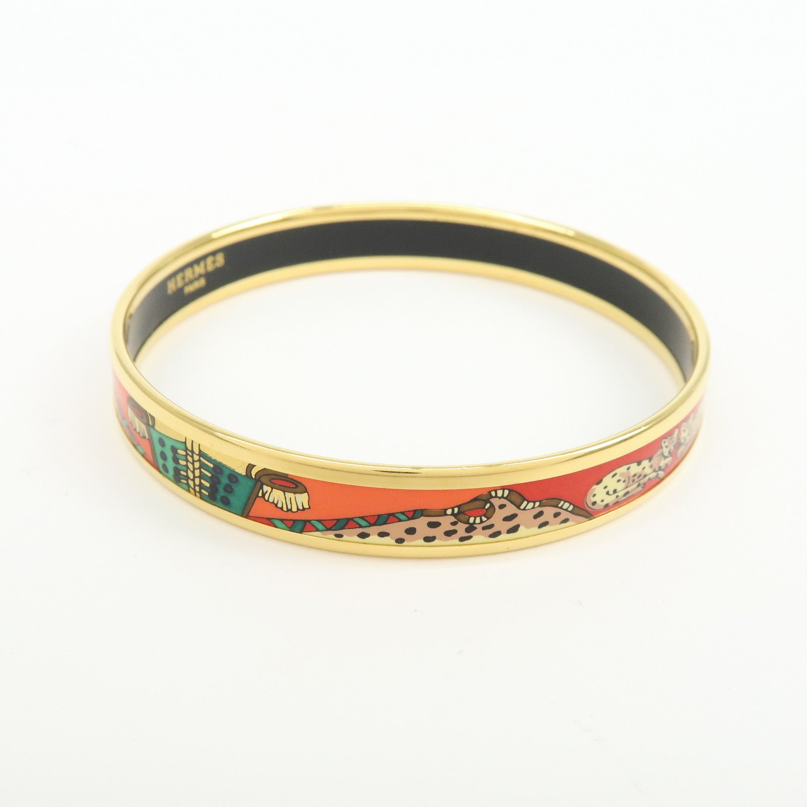 HERMES Email PM Bangle Gold Plated Bracelet Leopard Motif Orange
