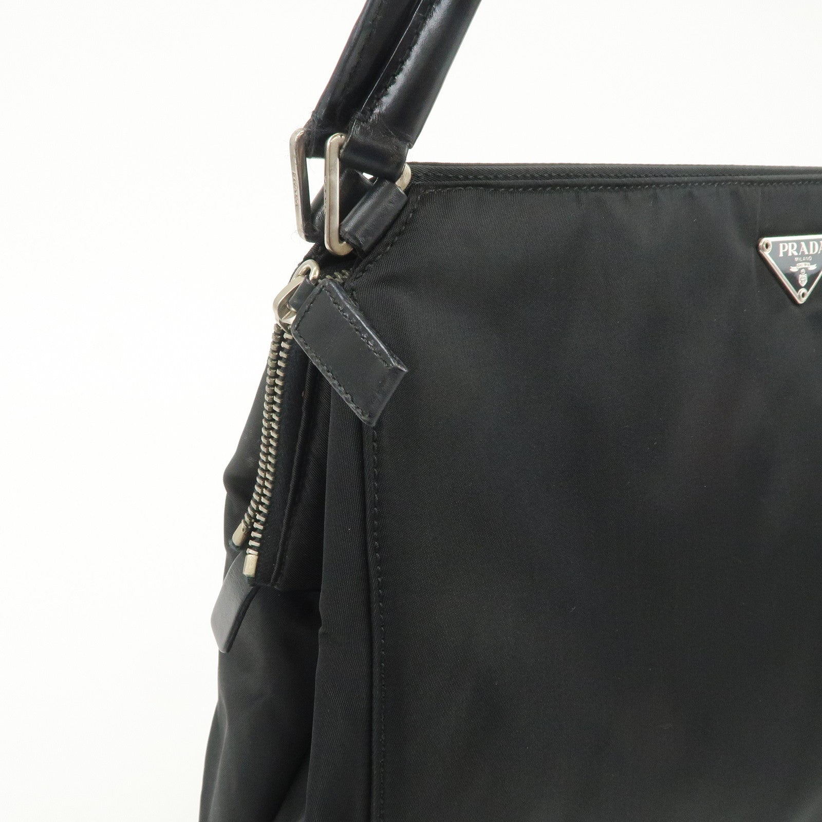 PRADA Triangle Logo Nylon Leather Shoulder Bag Hand Bag Black
