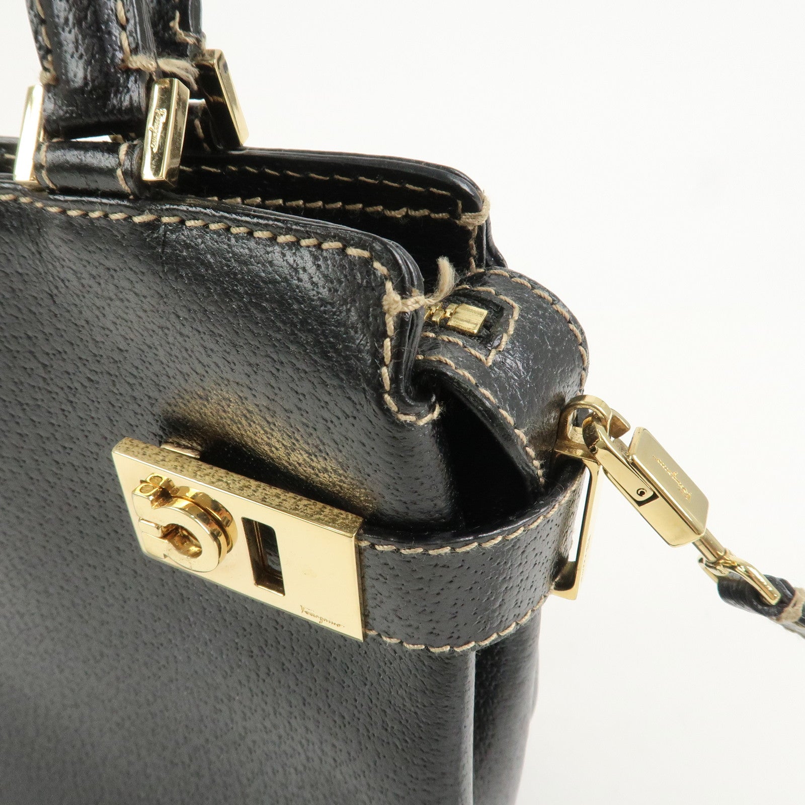 Ferragamo Gancini Leather 2 Way Bag Hand Bag Shoulder Bag Black