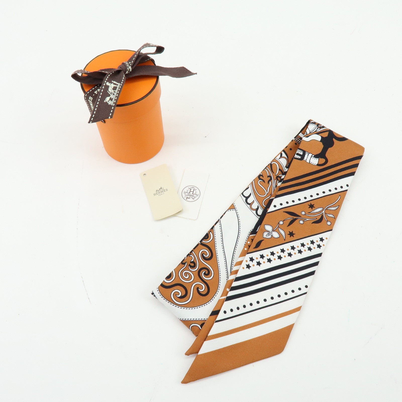 HERMES Silk 100% Twilly Festival Des Amazones Brown Black