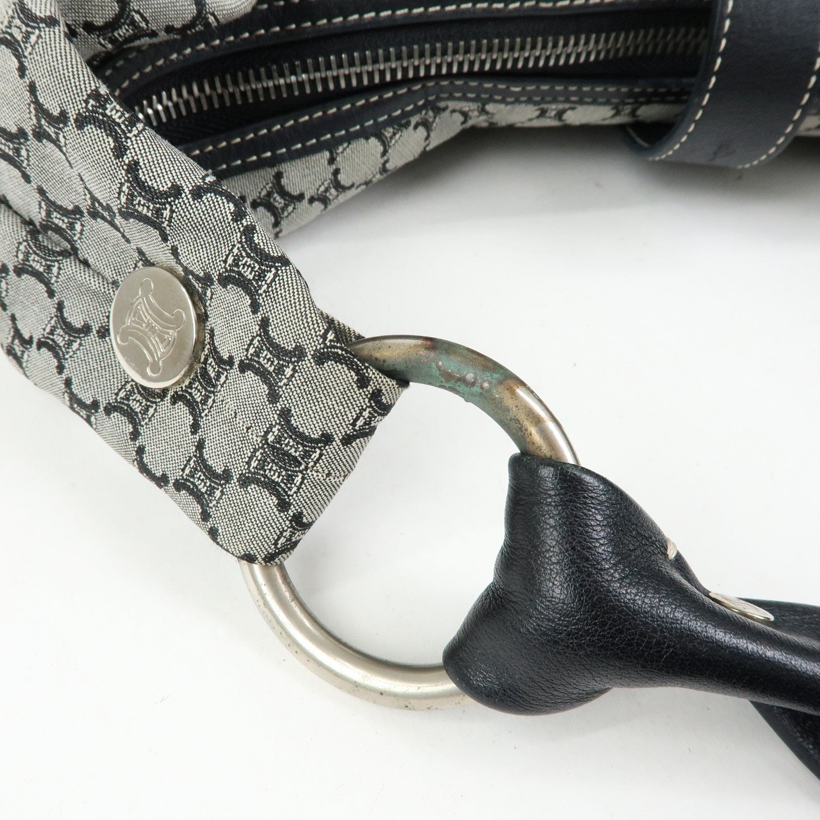 CELINE Macadam Canvas Leather Hand Bag Shoulder Bag Navy