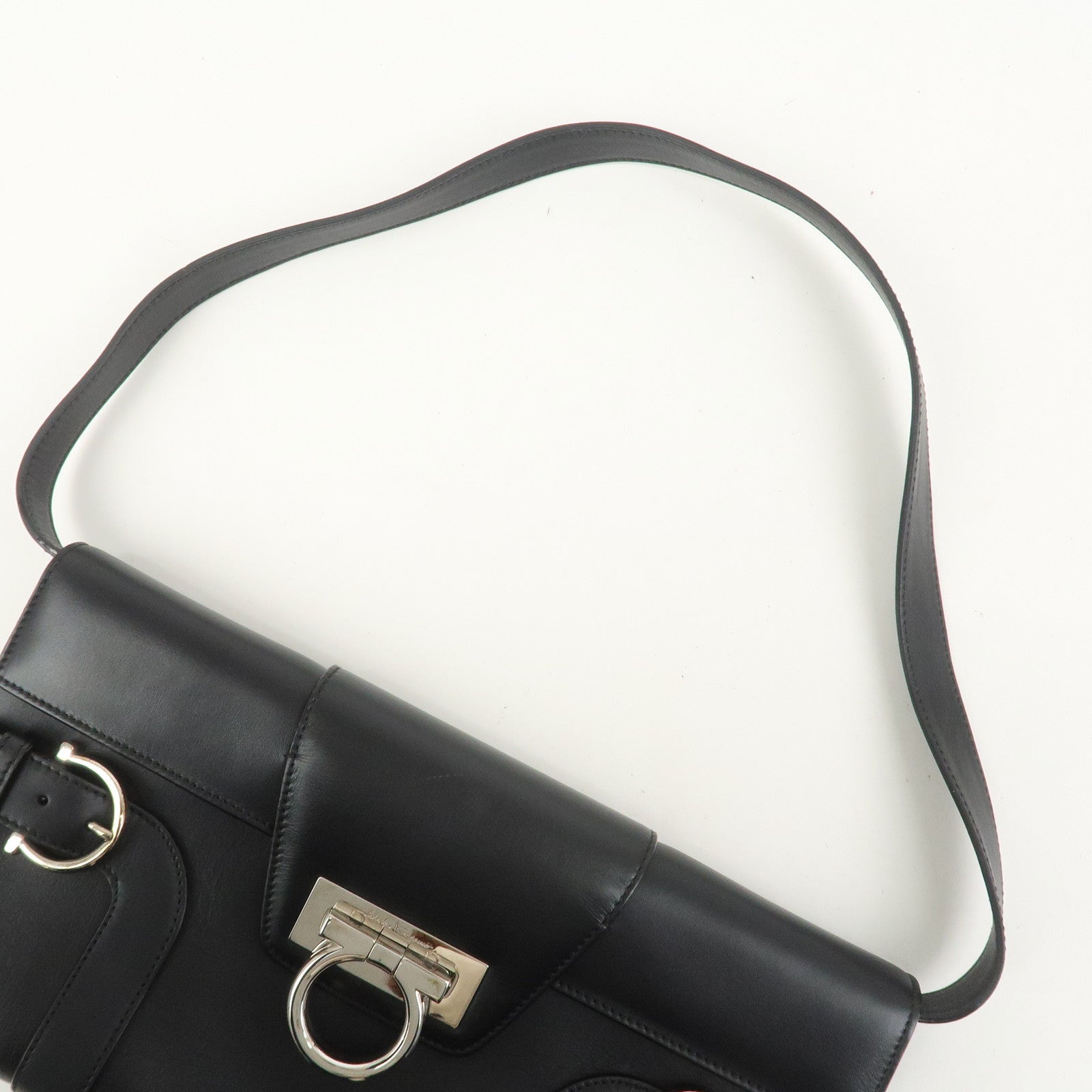 Ferragamo Gancini Leather 2Way Bag Hand Bag Shoulder Bag Black