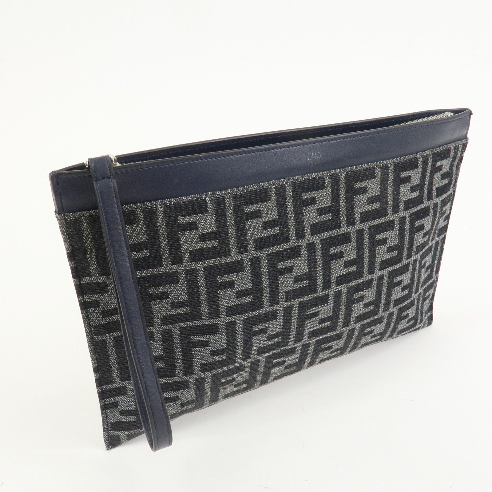FENDI Zucca Flat Slim Canvas Leather Clutch Bag Navy 7N0134