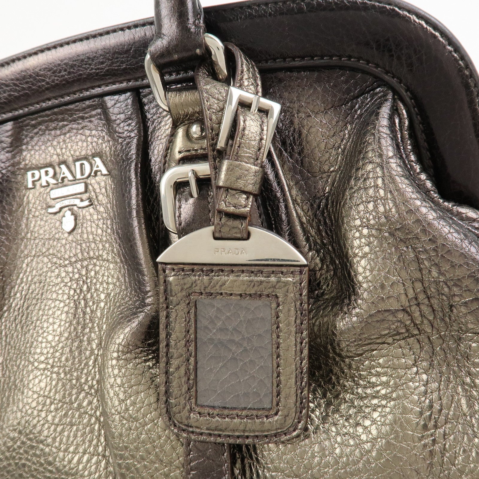PRADA Logo Leather Shoulder Bag Boston Bag Metallic Gold