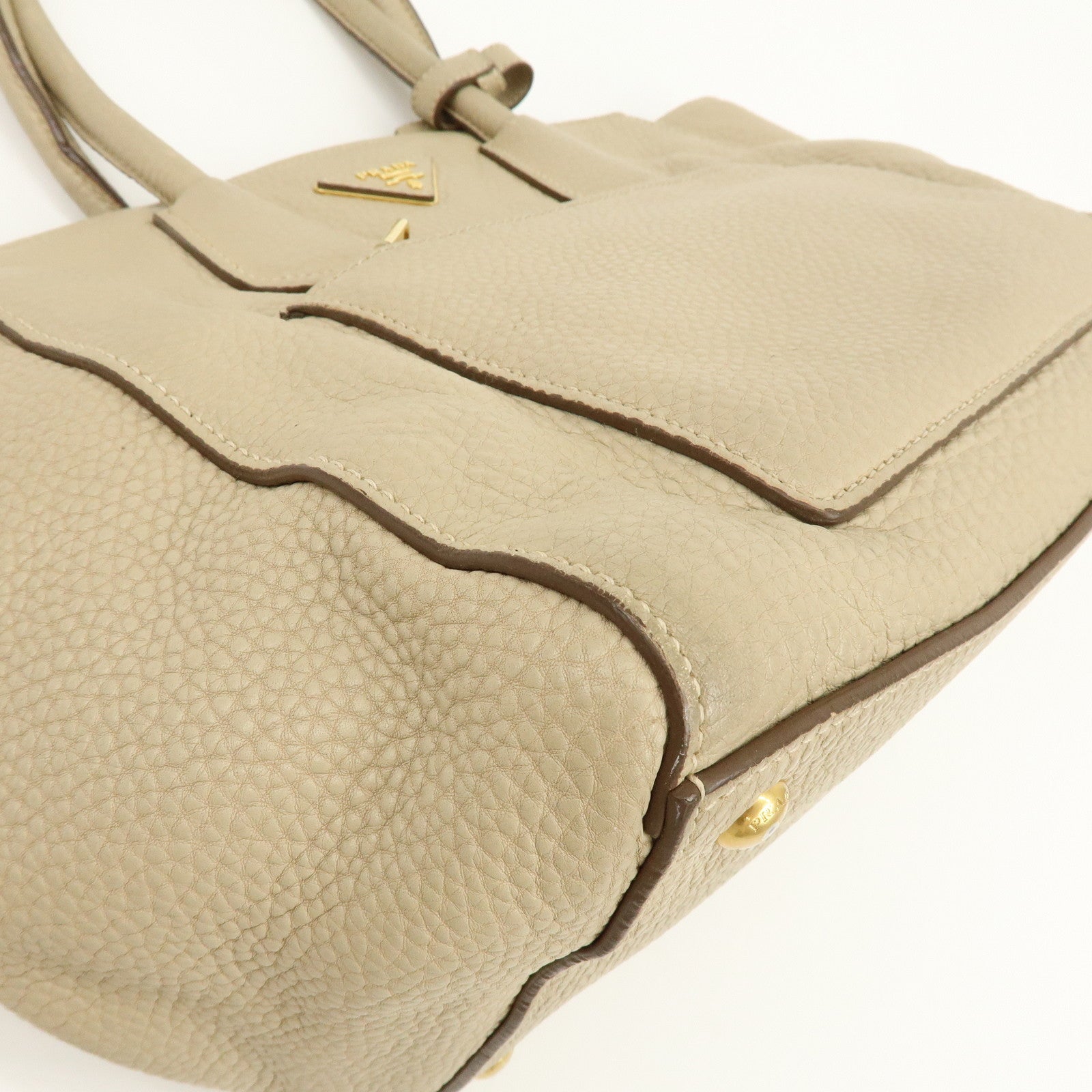 PRADA Triangle Logo Leather 2Way Hand Shoulder Bag Beige BN2795