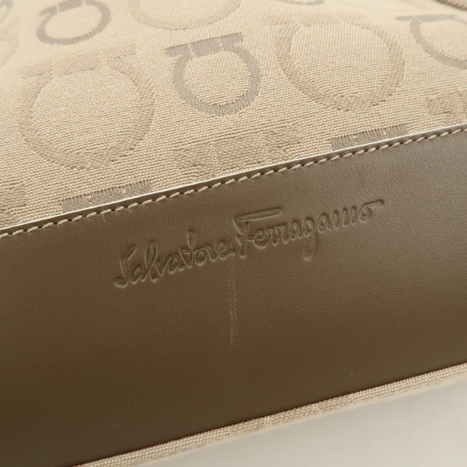 Ferragamo Gancini Canvas Leather Tote Bag Shoulder Bag Beige Brown