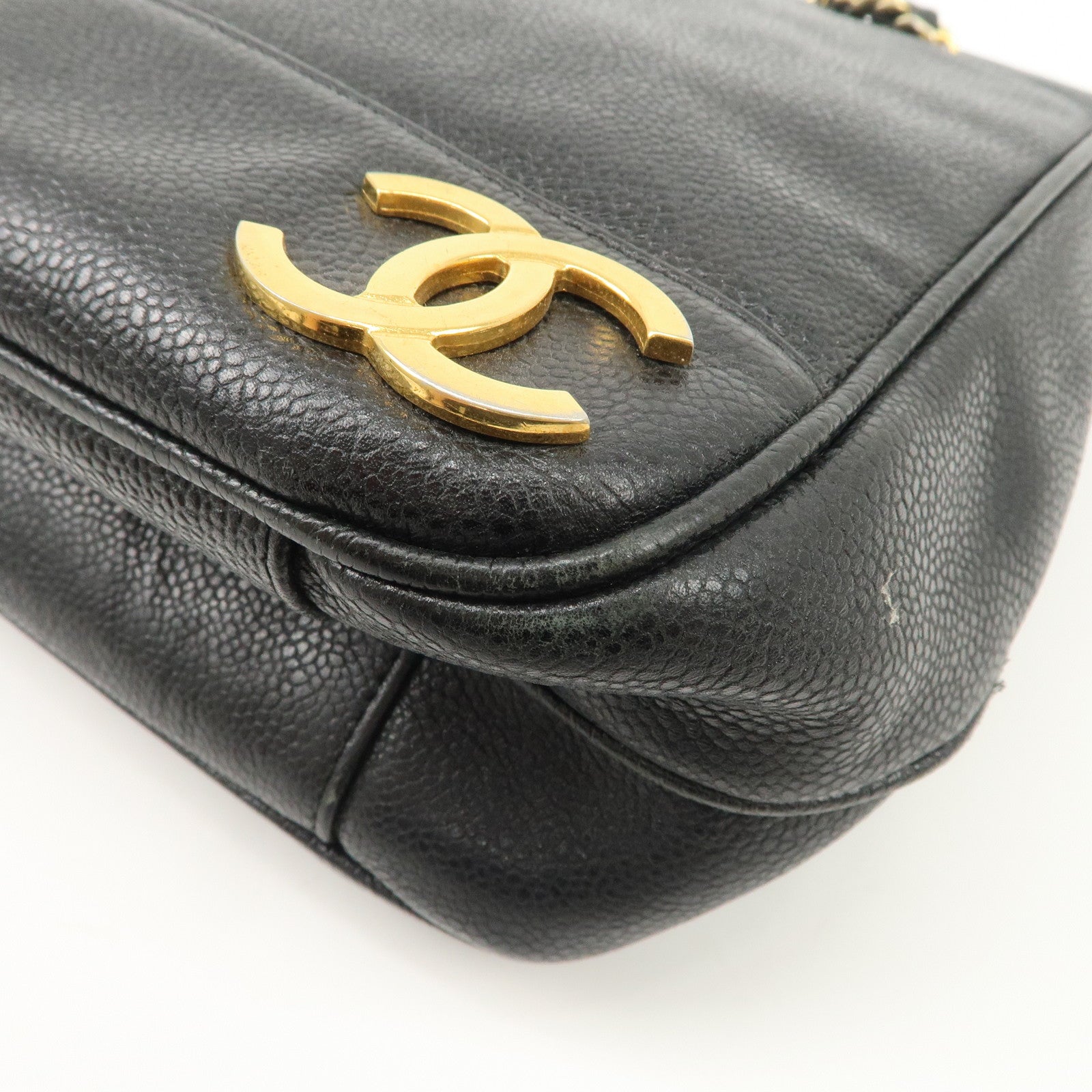 CHANEL Triple COCO Mark Caviarskin Shoulder Bag Black Gold HDW Used