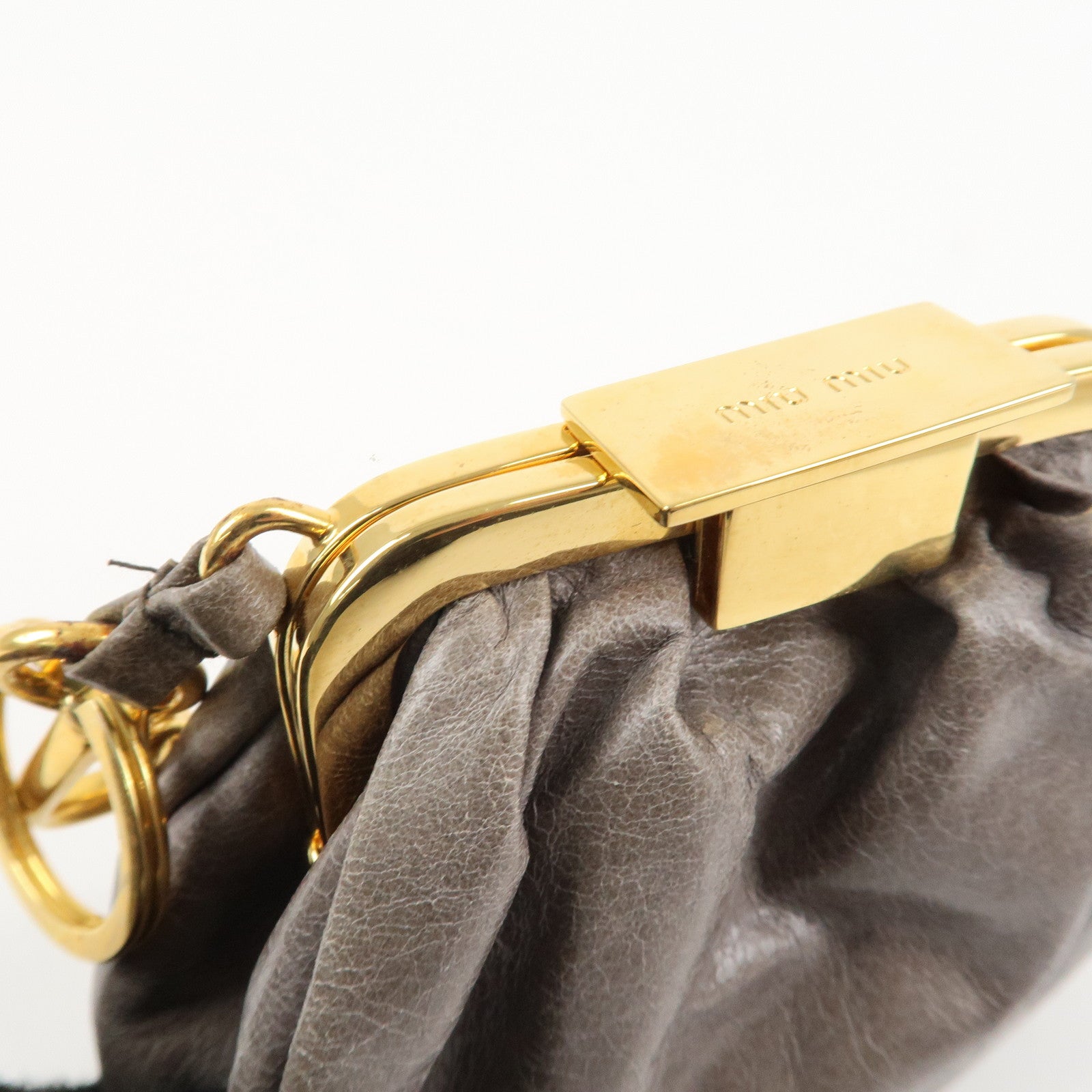 MIU MIU Logo Leather Kiss Lock Coin Case Gray Gold HDW Used