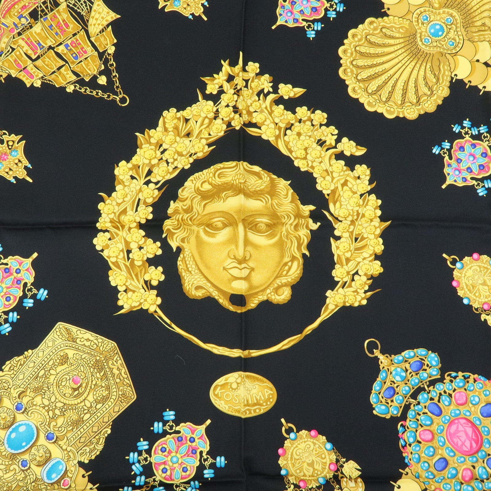 HERMES Carre 90 Silk 100% KOSMIMA Scarf Black Yellow