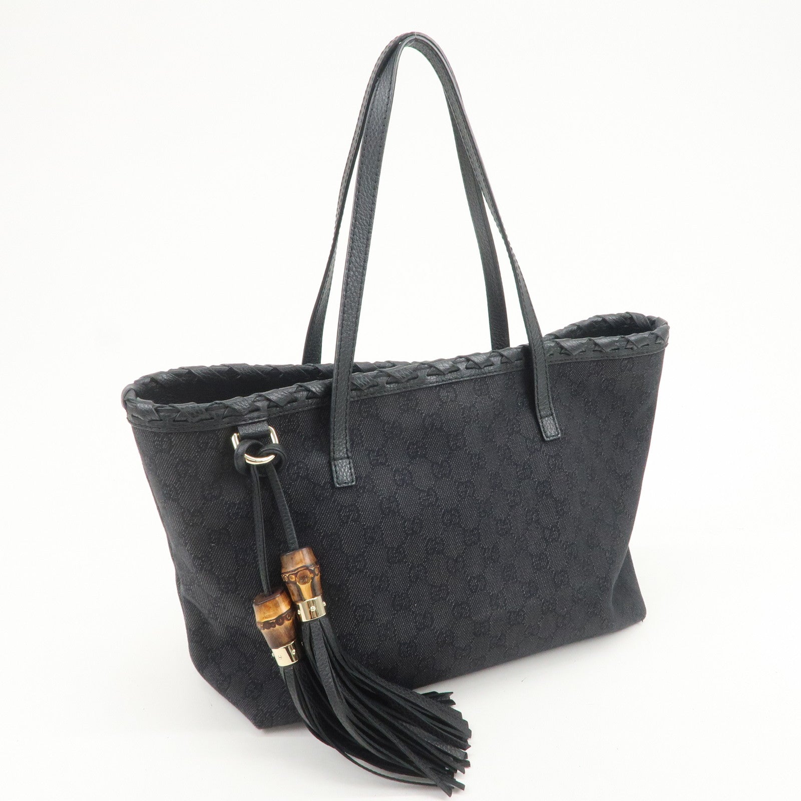 GUCCI Bamboo GG Canvas Leather Tote Bag Tassel Black 354665