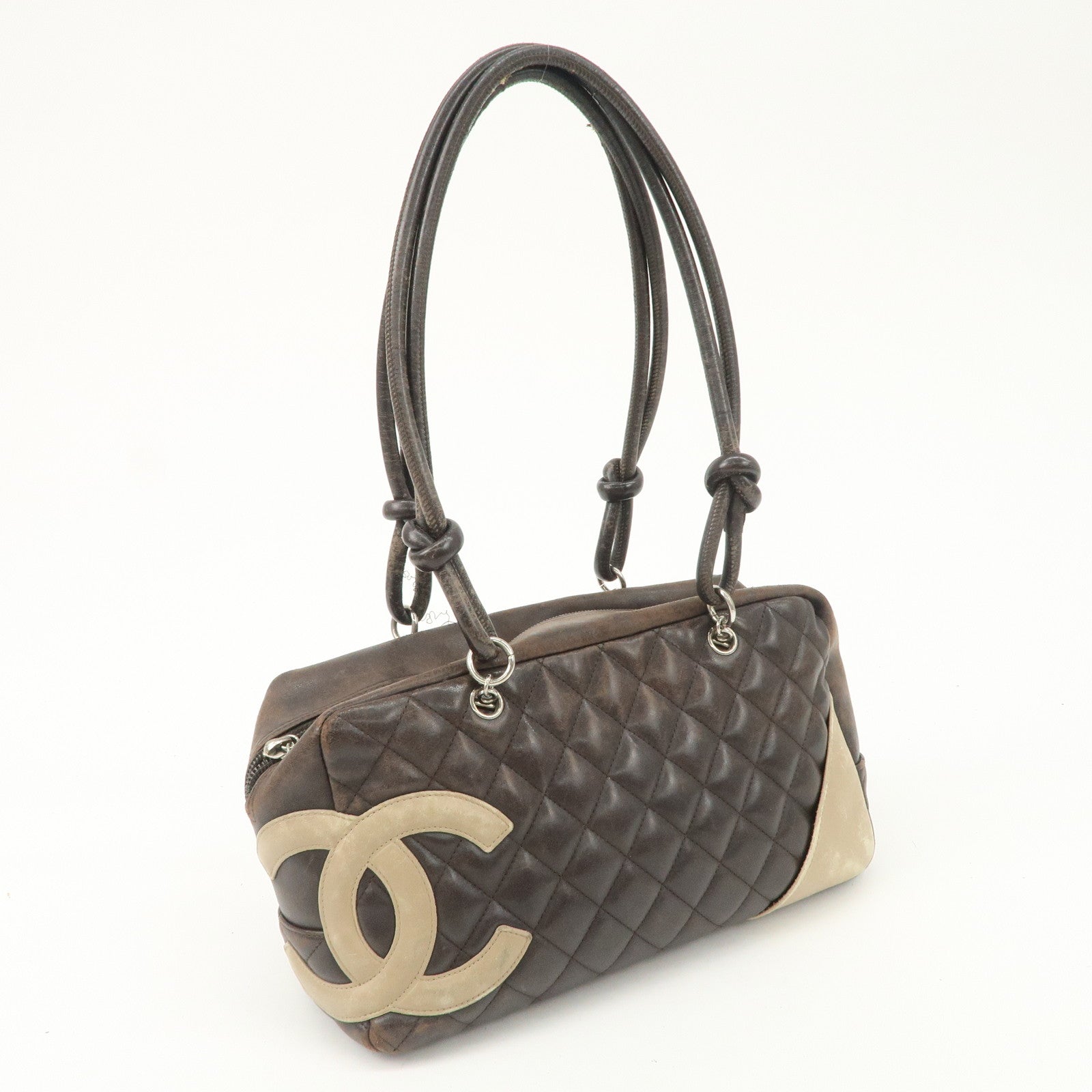 CHANEL Cambon Line Lamb Skin Bowling Bag Hand Bag Brown A25171 Used