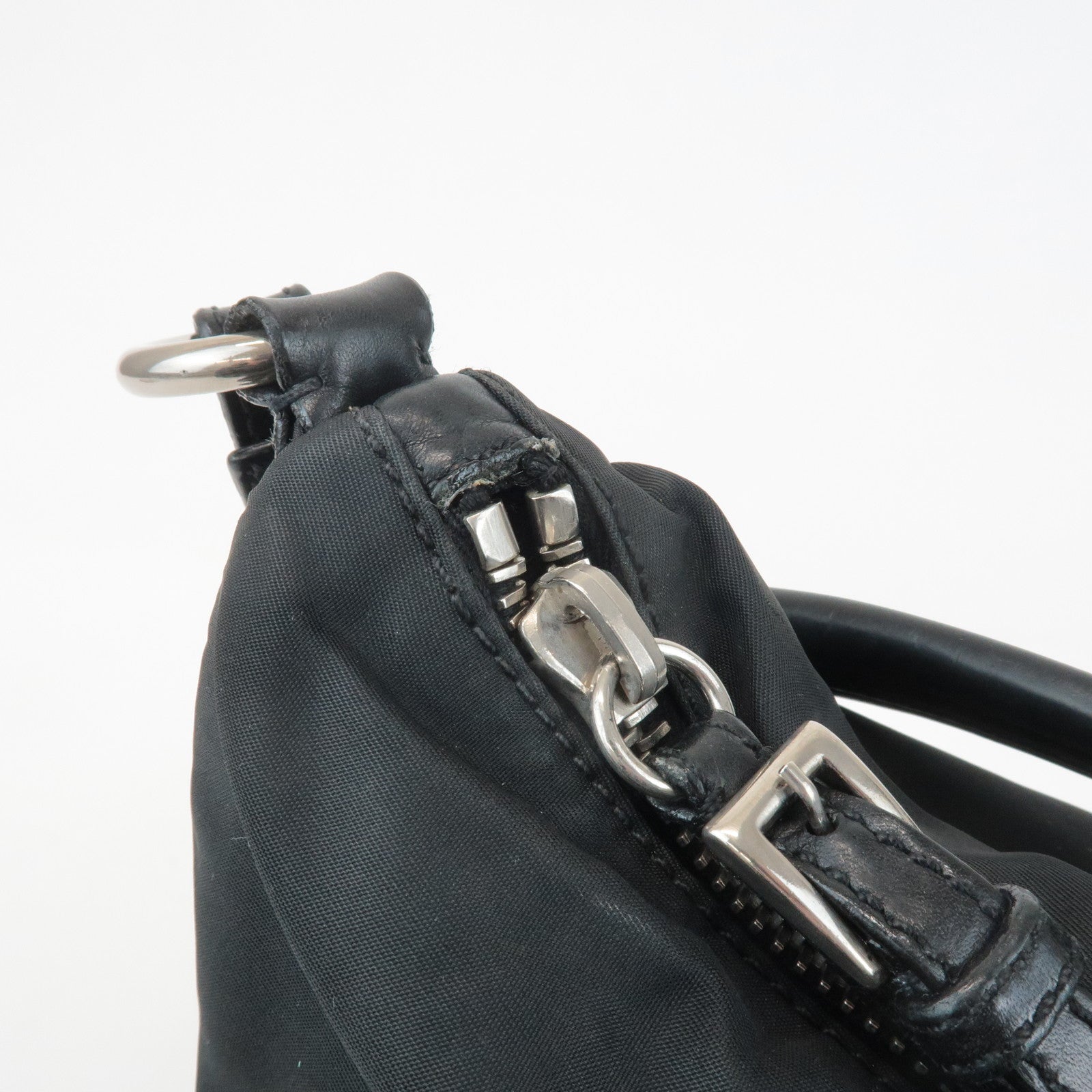 PRADA Triangle Logo Leather Nylon Shoulder Bag Black