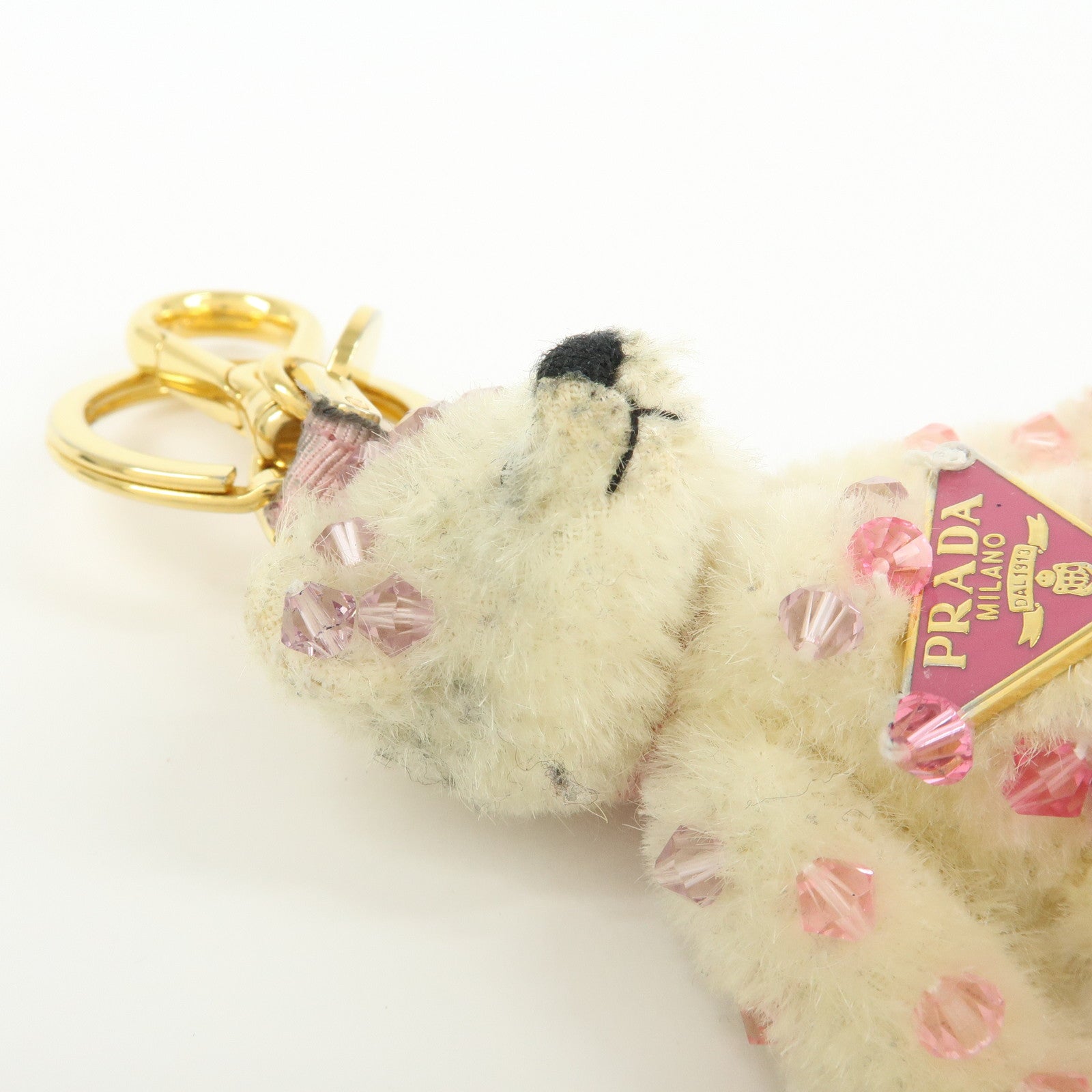 PRADA Triangle Logo Bear Mohair Bag Charm Key Holder Beige Pink