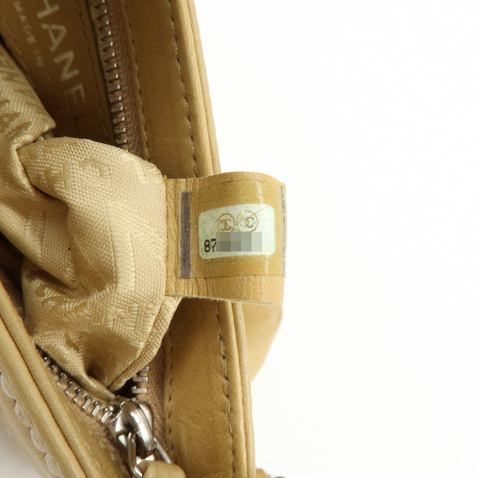 CHANEL Logo Lamb Skin Hand Bag Beige