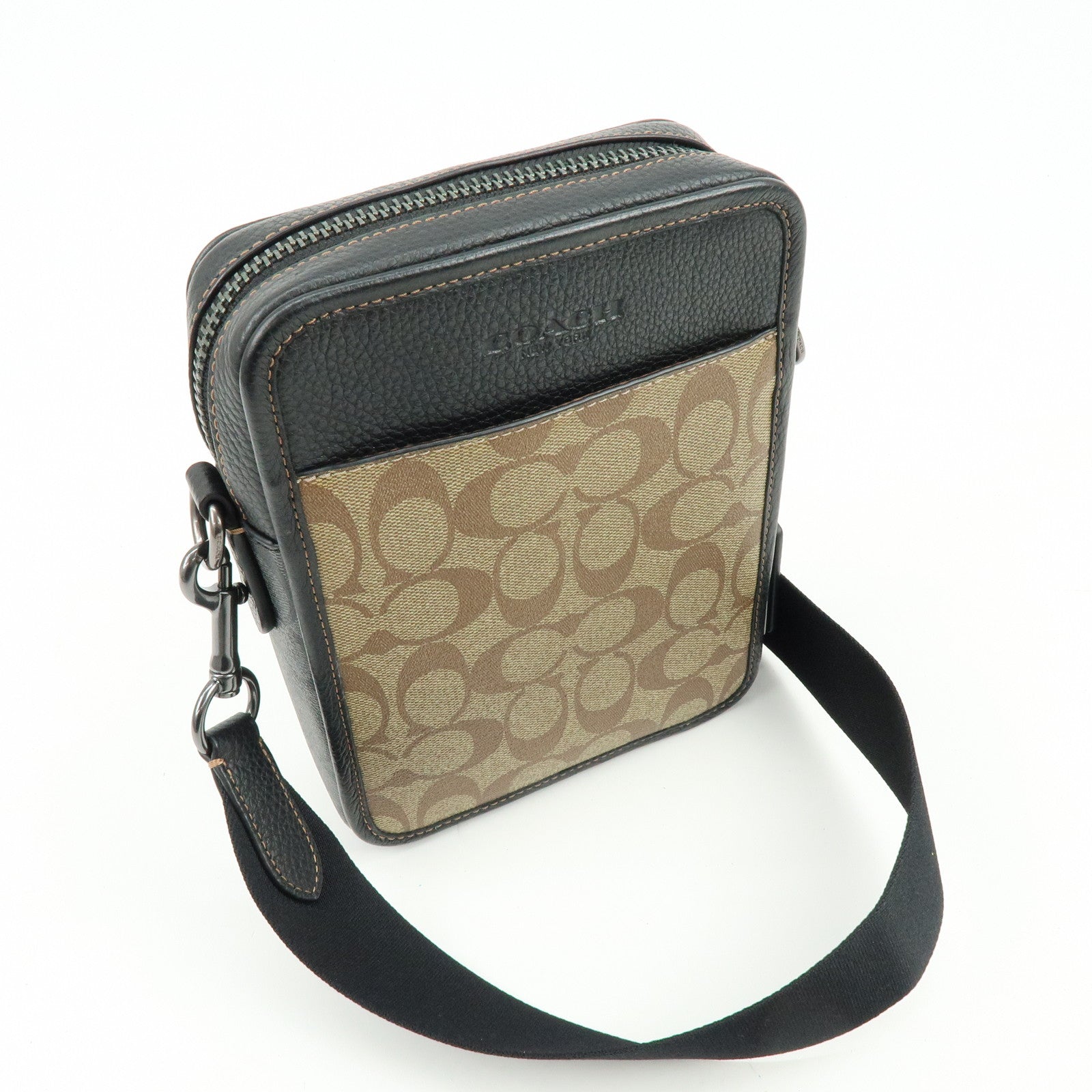 COACH Signature PVC Leather Shoulder Bag Crossbody Bag Black Beige