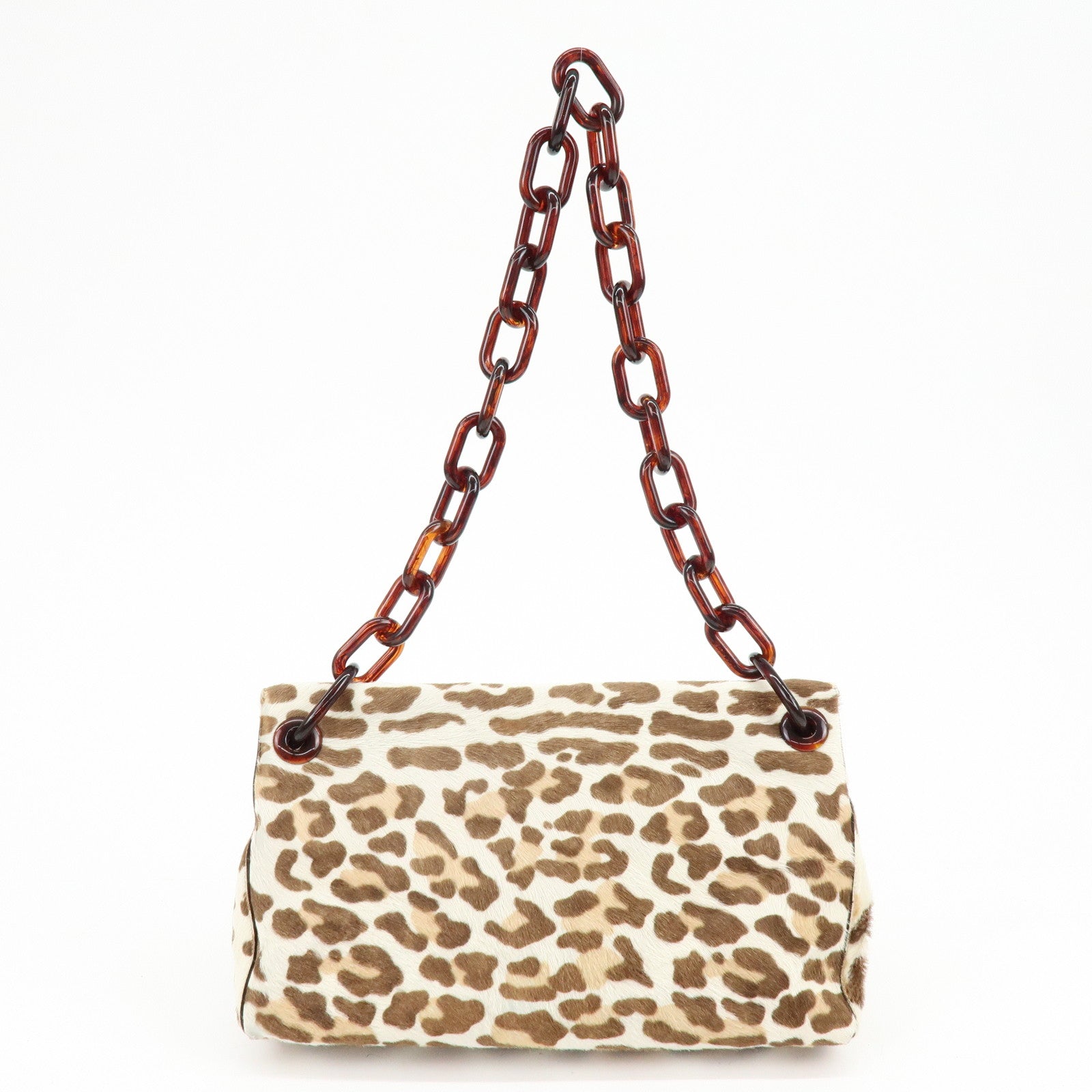 PRADA Triangle Logo Haircalf Plastic Chain Shoulder Bag Beige Brown