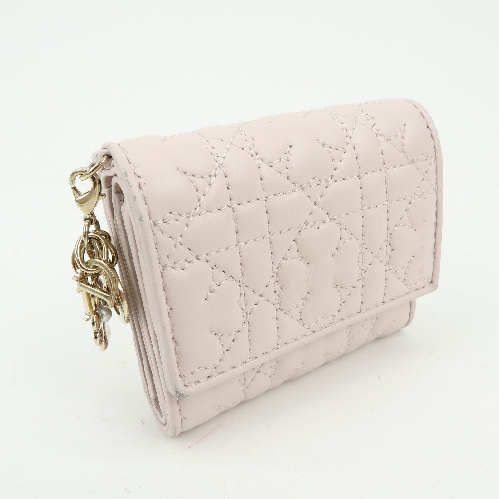 Christian Dior Cannage Leather Tri-fold Compact Wallet Light Pink