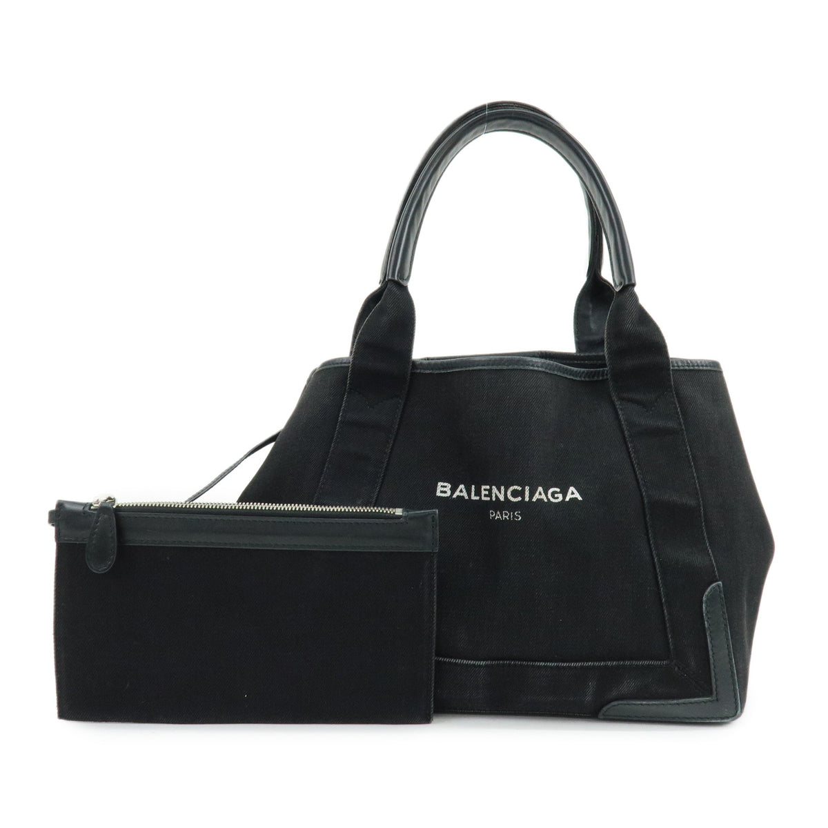 BALENCIAGA Navy Cabas Small Canvas Leather Tote Bag Black 339933