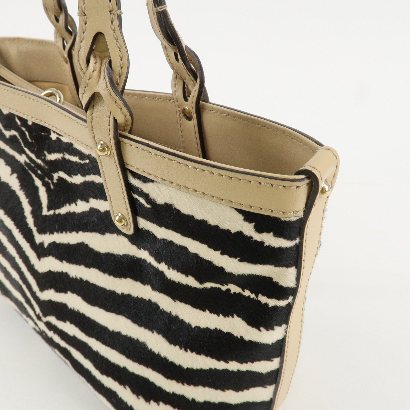 GUCCI Craft Unborn Calf Leather Tote Bag Zebra Pattern Beige 23793 Used