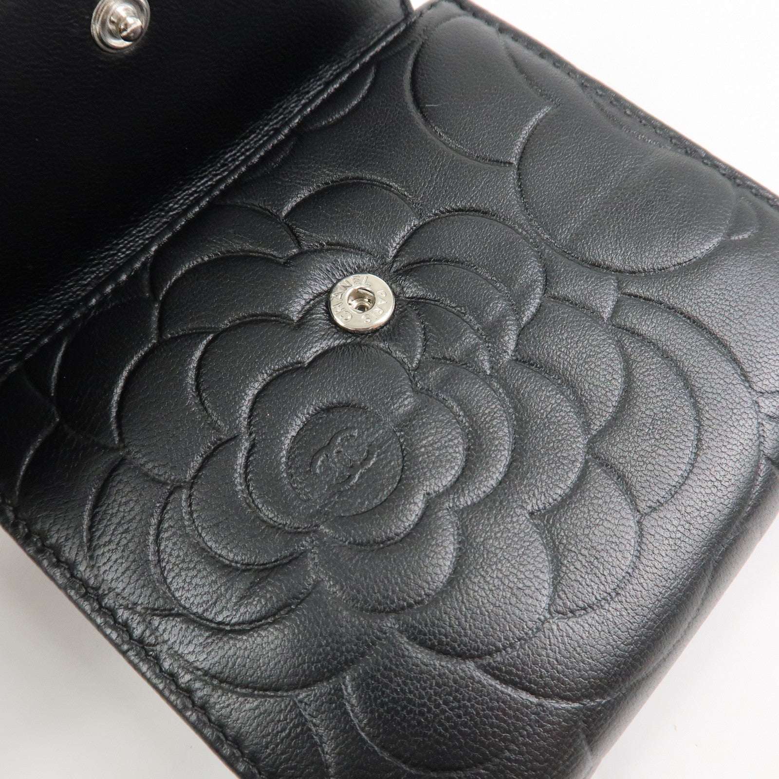 CHANEL Camellia COCO Mark Lamb Skin Compact Wallet Black