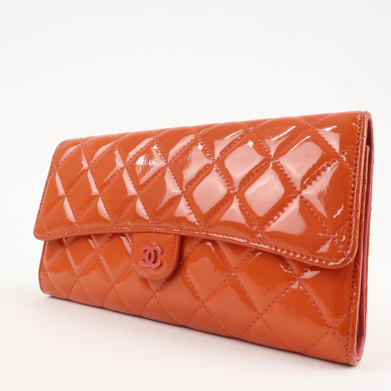 CHANEL Matelasse Patent Leather Long Wallet Card Case Pouch Orange Used