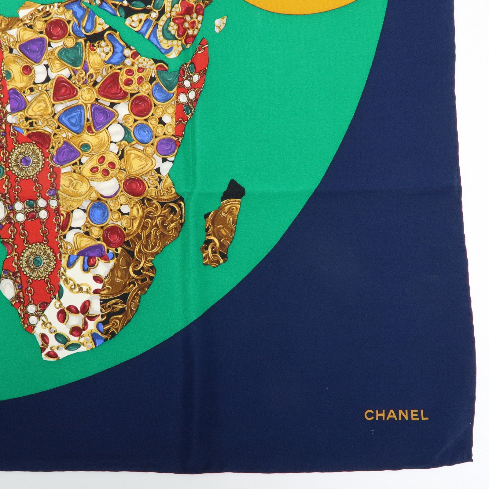 CHANEL Silk 100% Scarf Bijou 86cm×86cm Navy Green