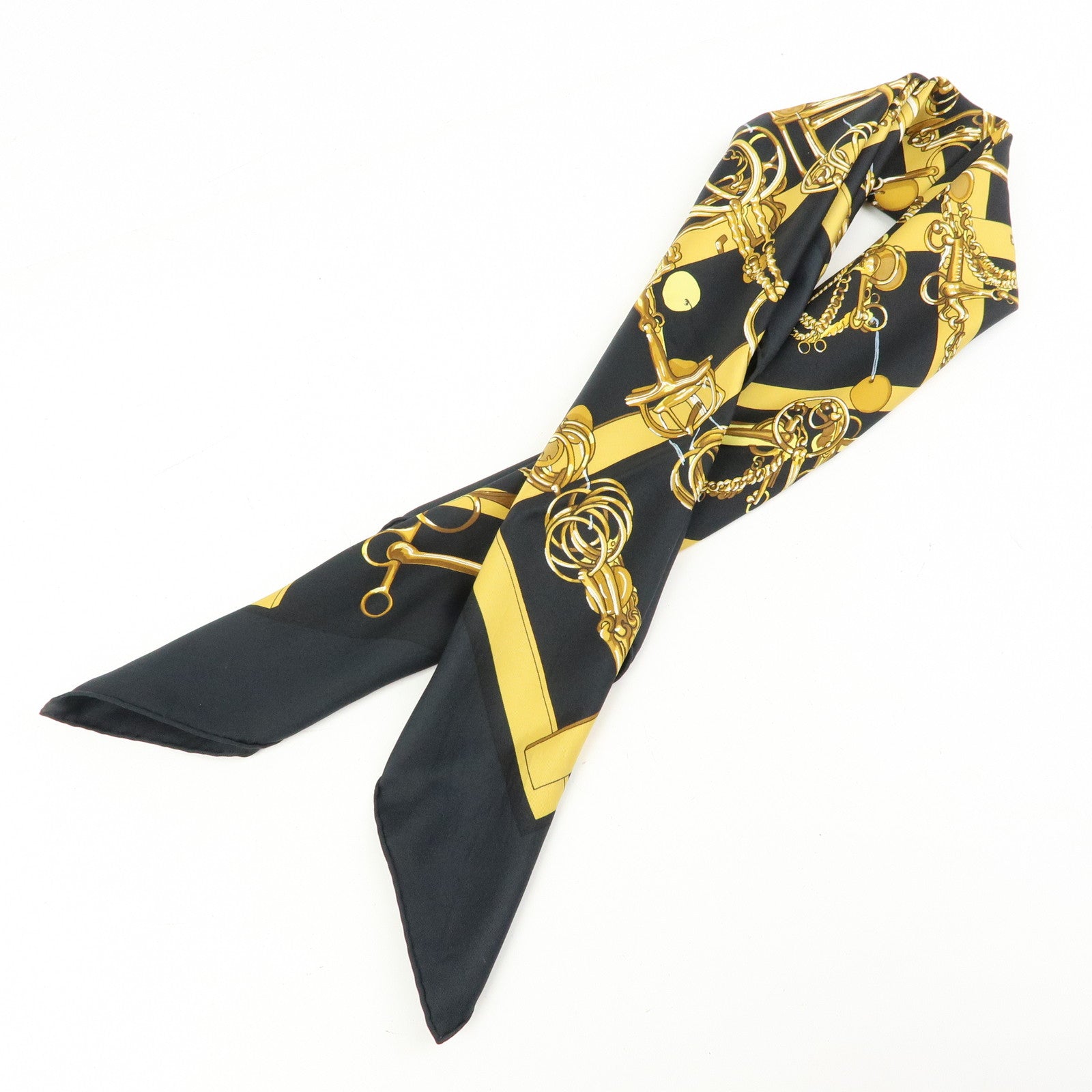 HERMES Carre 90 Silk 100% Scarf MORS&FILETS Black Yellow