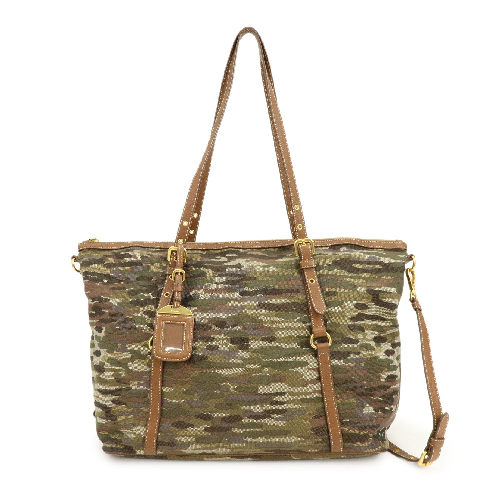 PRADA Canvas Leather Tote Bag Shoulder Bag Camouflage Brown Khaki