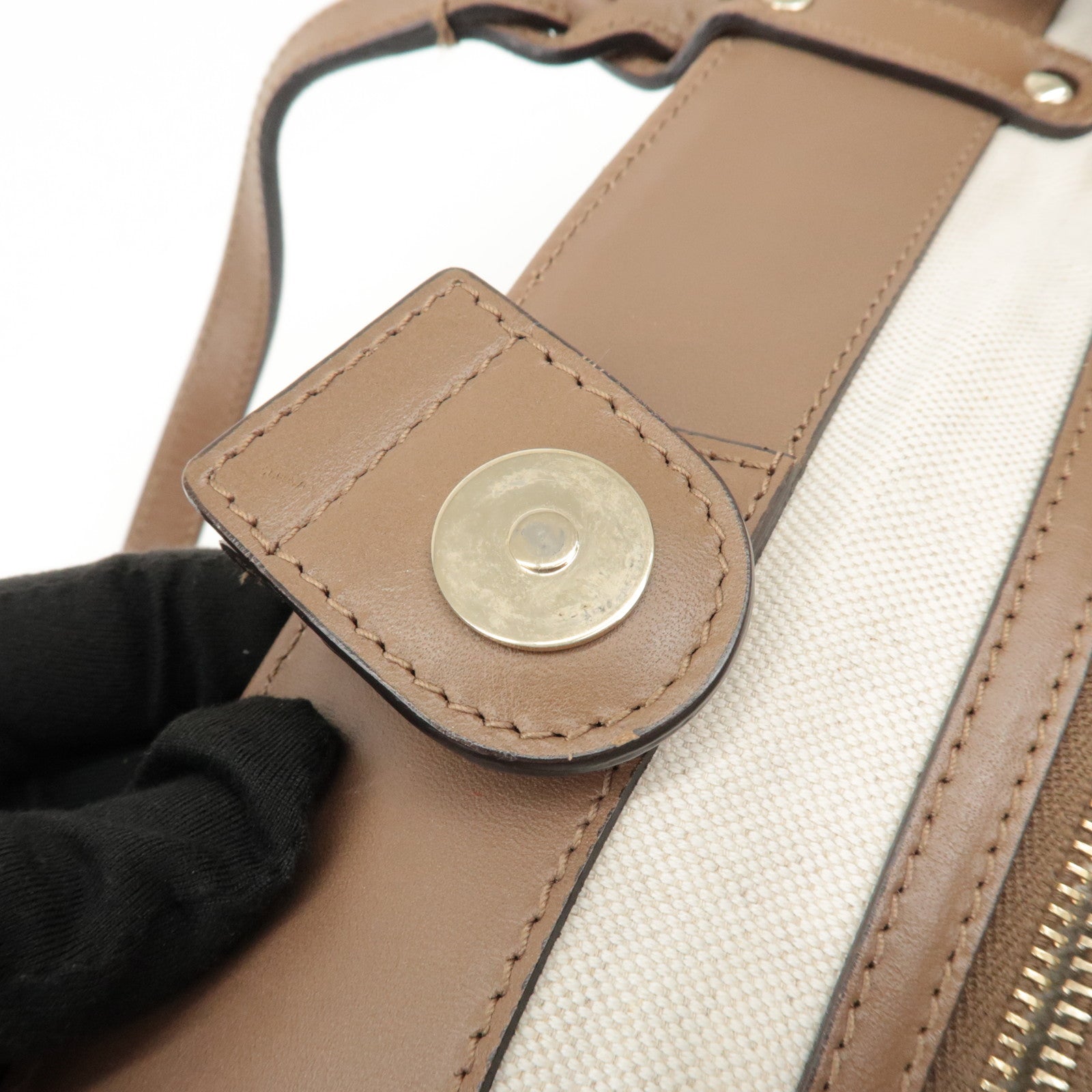 GUCCI Craft Denim Leather Tote Bag Hand Bag Navy Brown 348715 Used