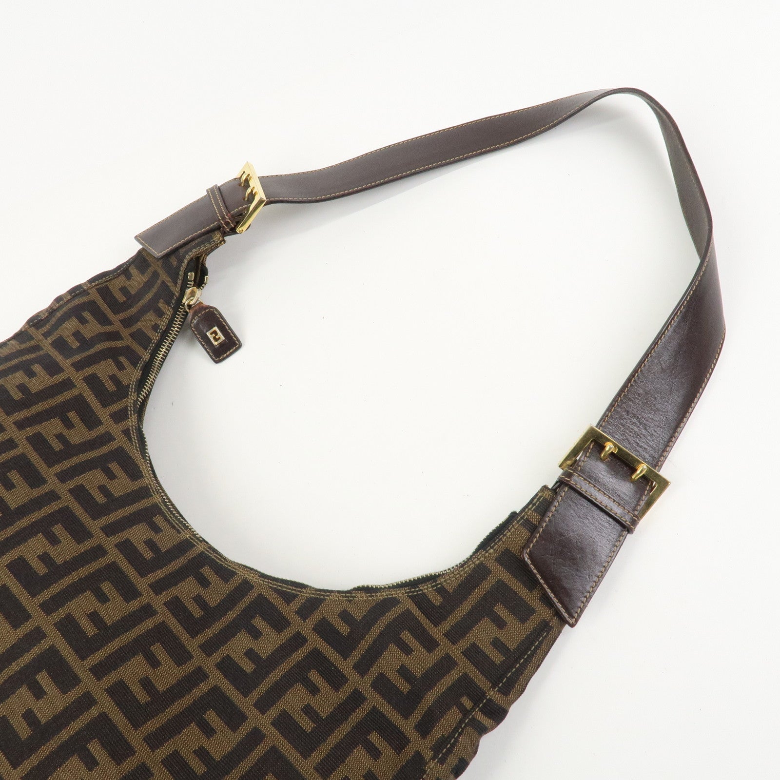 FENDI Zucca Canvas Leather Shoulder Bag Hand Bag Brown Black