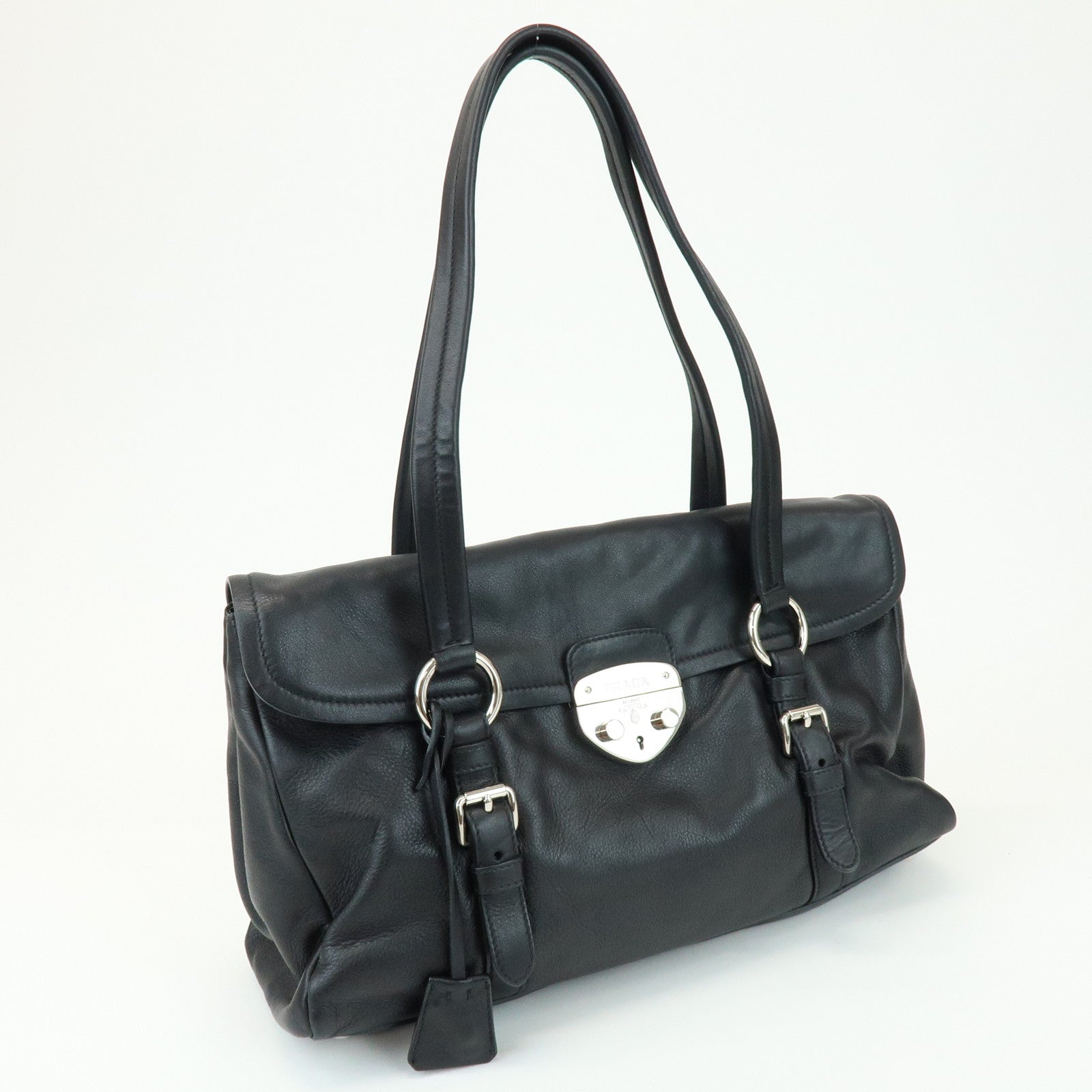 PRADA Calf Leather Shoulder Bag Black BR4479