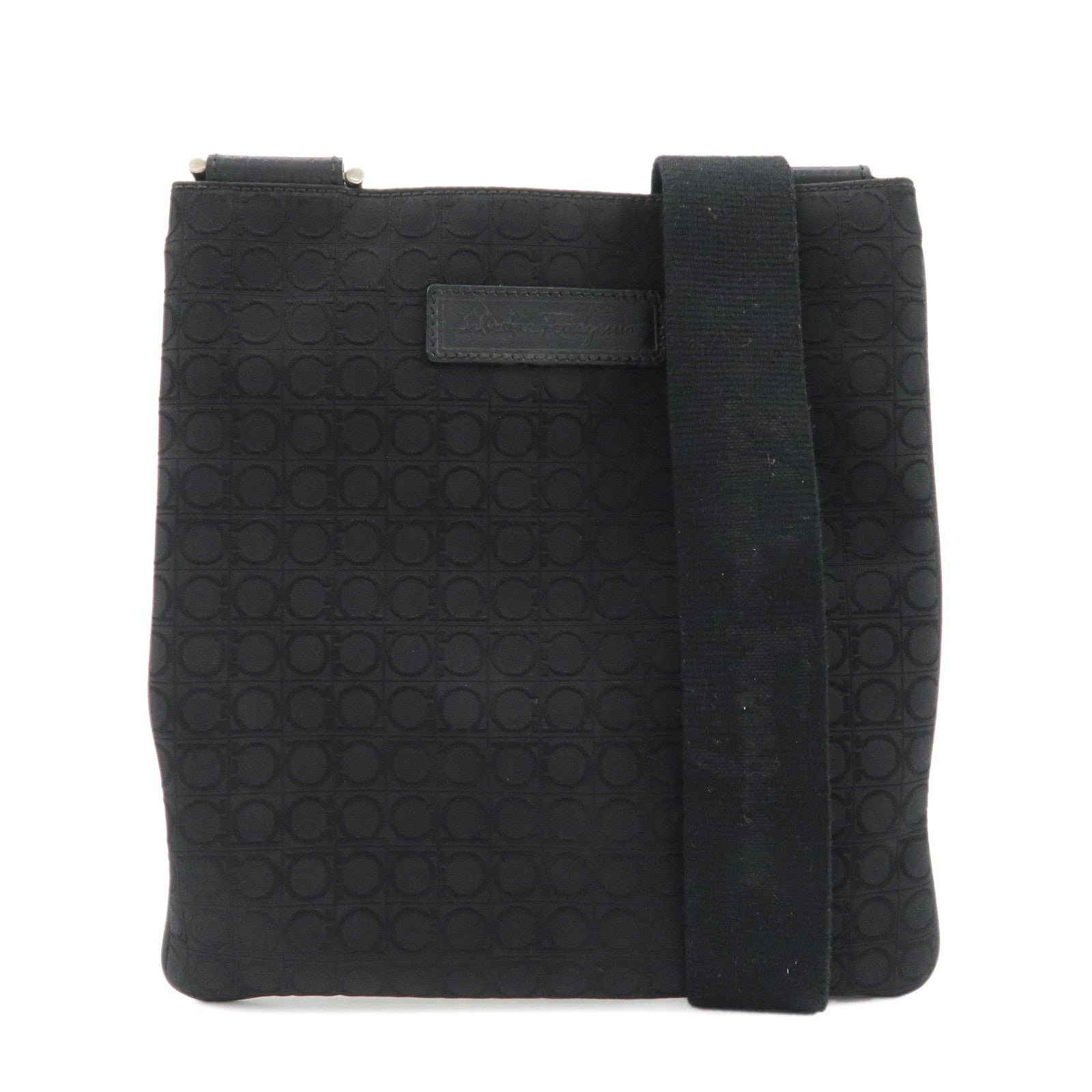 Ferragamo Gancini Canvas Shoulder Bag Black Silver HDW