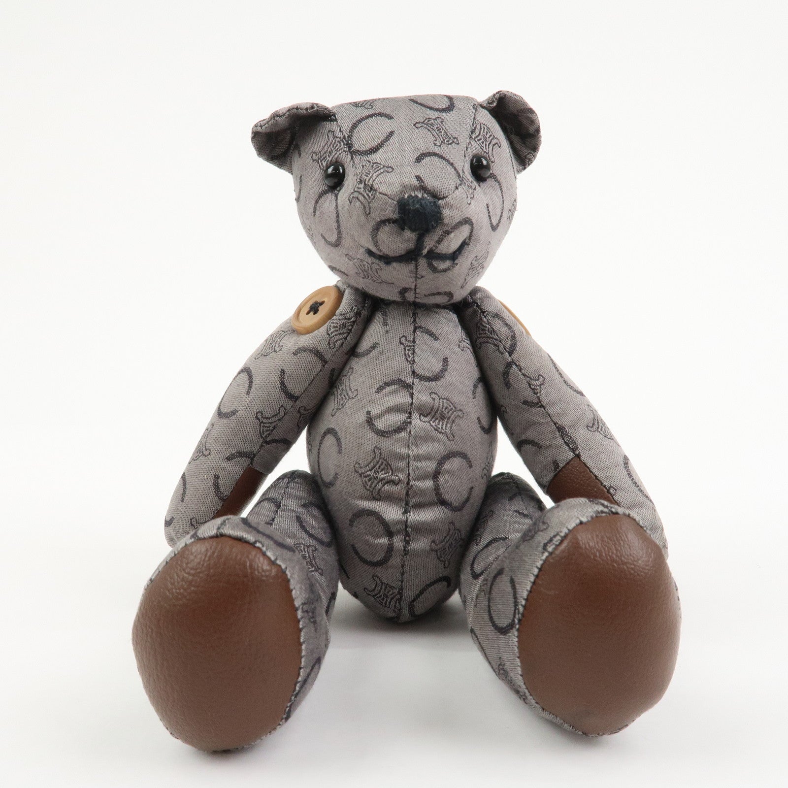 CELINE C Macadam Logo Canvas Leather Teddy Bear Stuffed Animal Gray