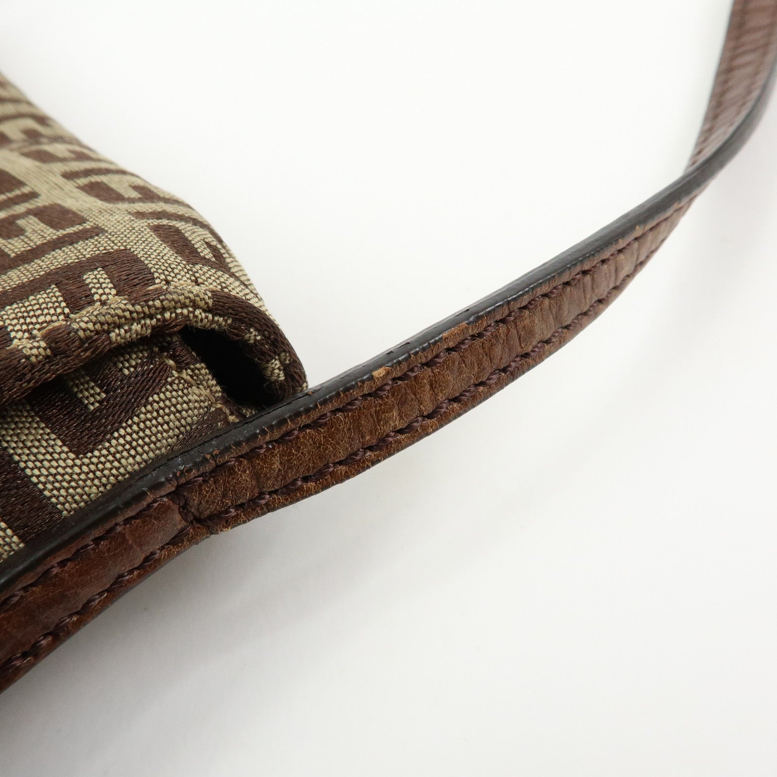 FENDI Zucchino Canvas Leather Shoulder Crossbody Bag Brown 8BT075