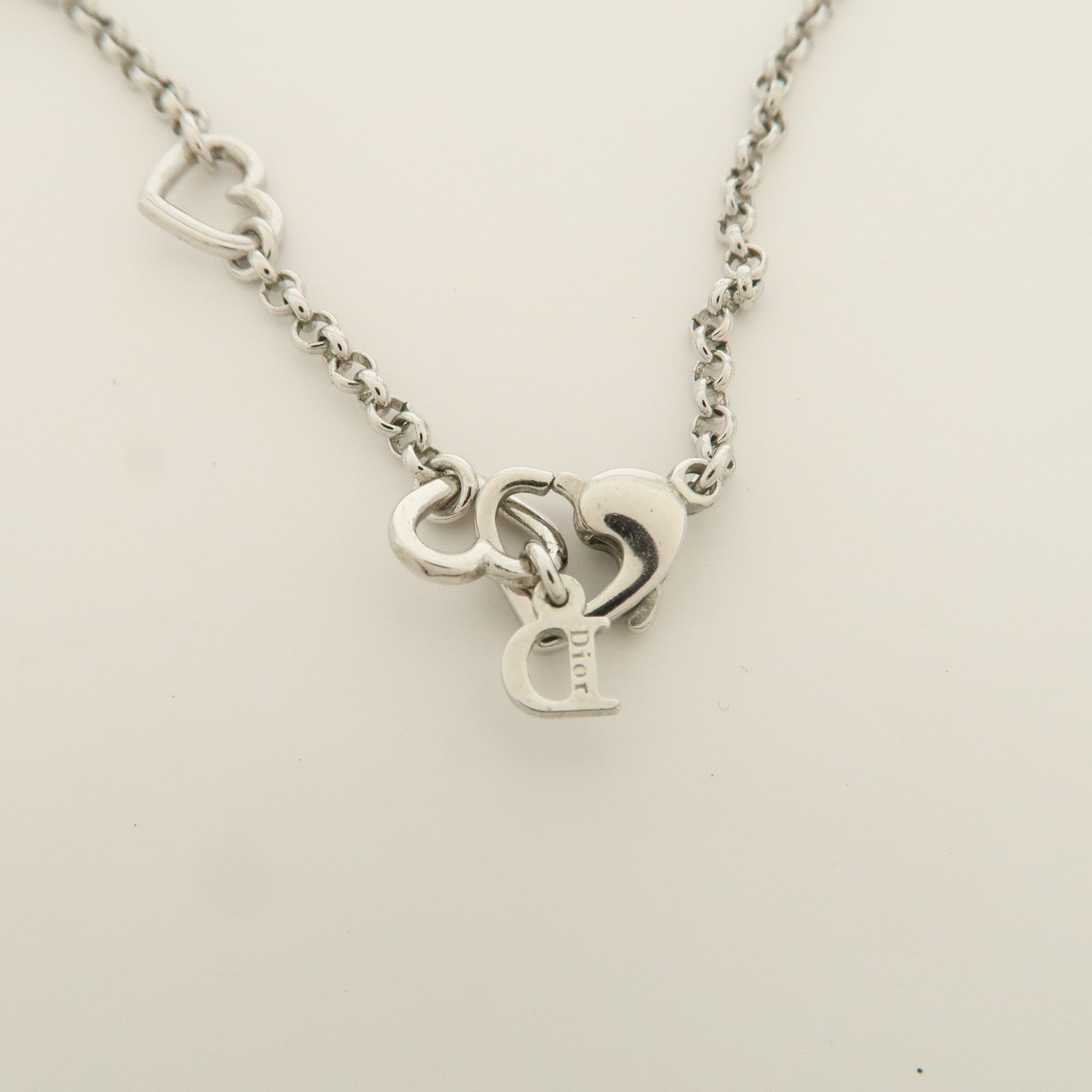 Christian Dior D Logo Heart Pendant Metal Necklace Silver