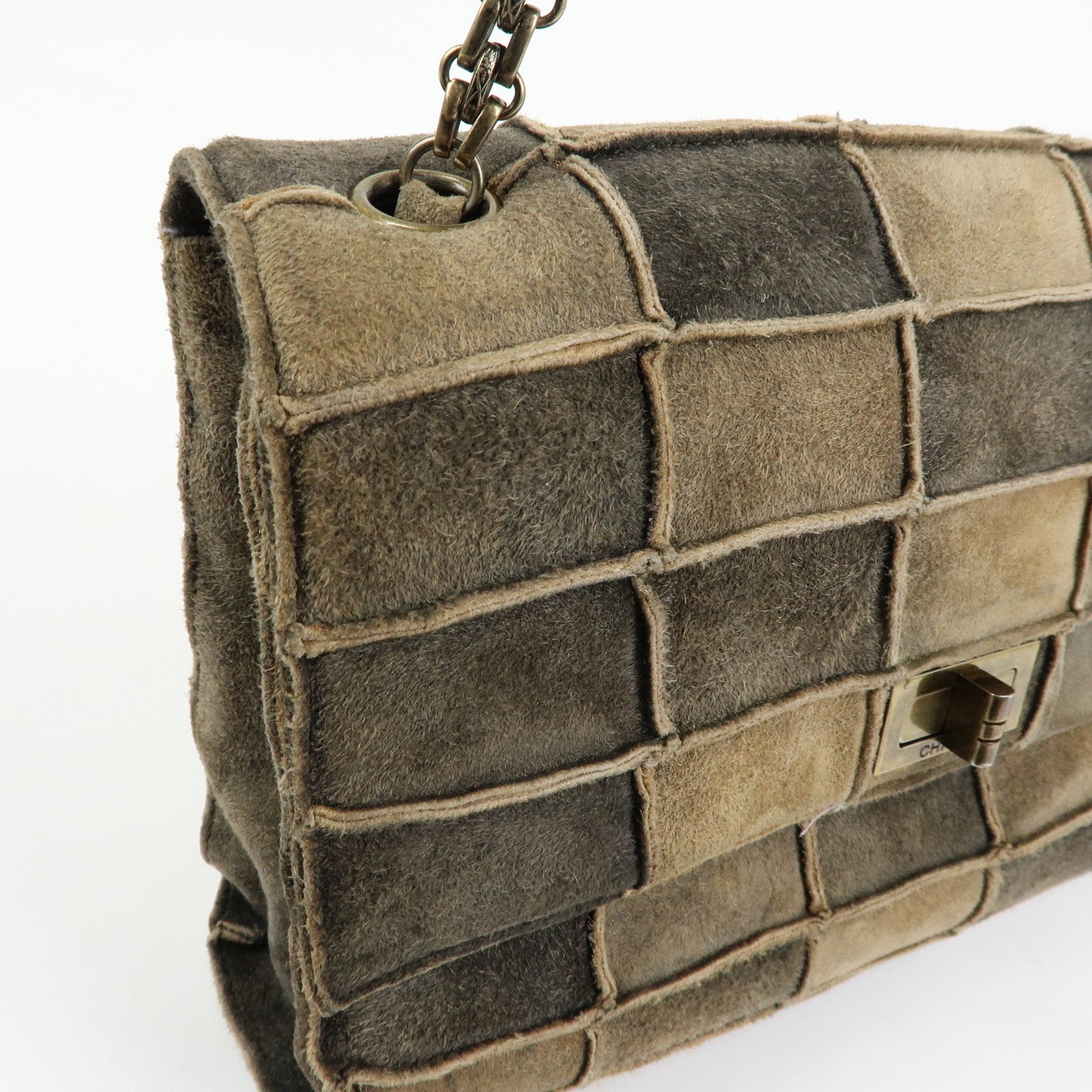 CHANEL Chanel 2.55 Suede Patchwork Chain Shoulder Bag Gray Brown