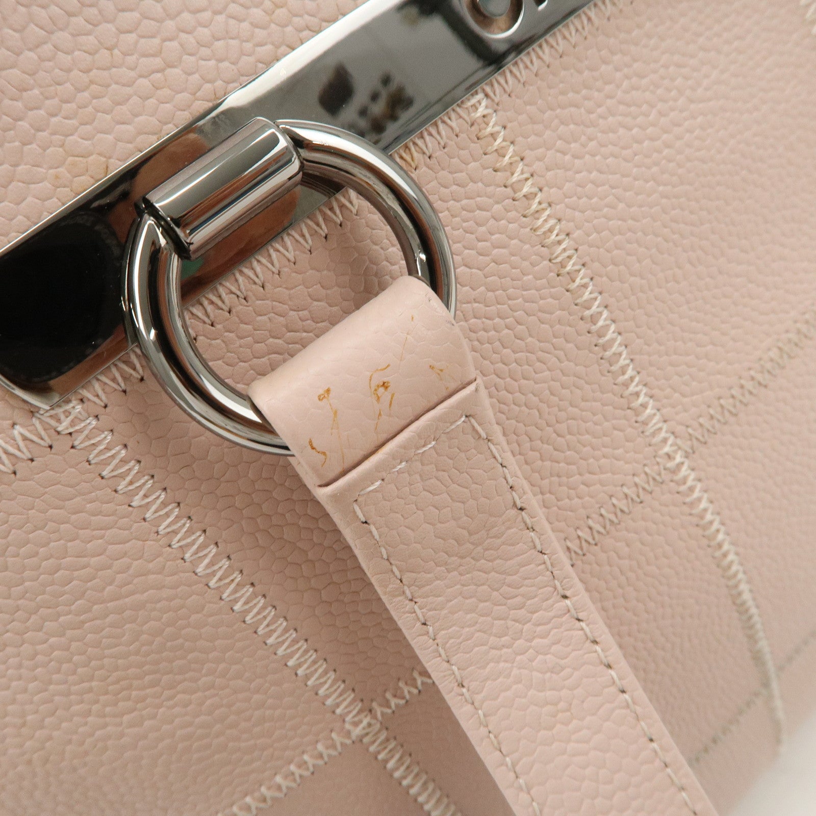 CHANEL Chocolate Bar Caviarskin Tote Bag Hand Bag Pink Silver Used