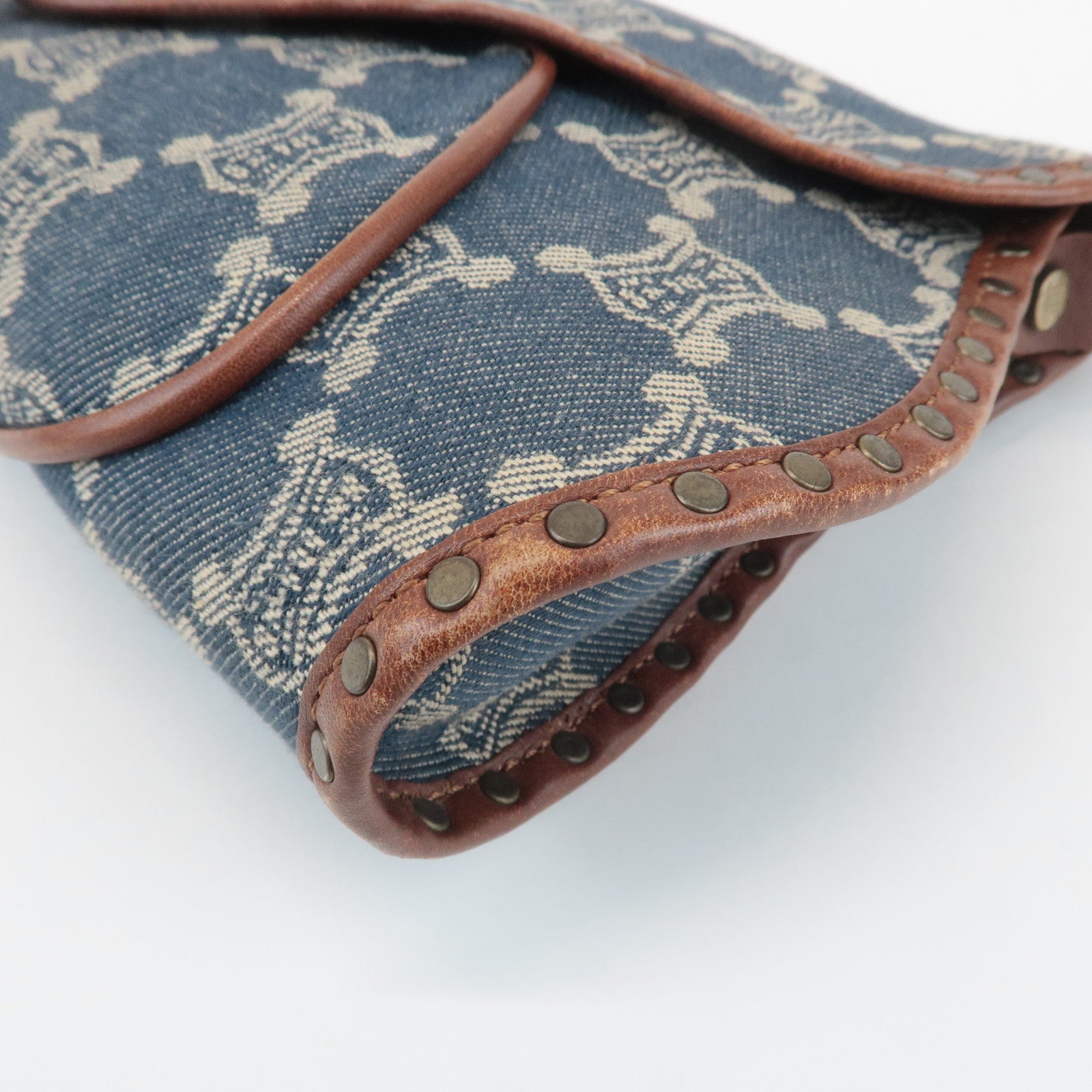 CELINE Macadam Denim Canvas Leather Shoulder Bag Blue Brown Used